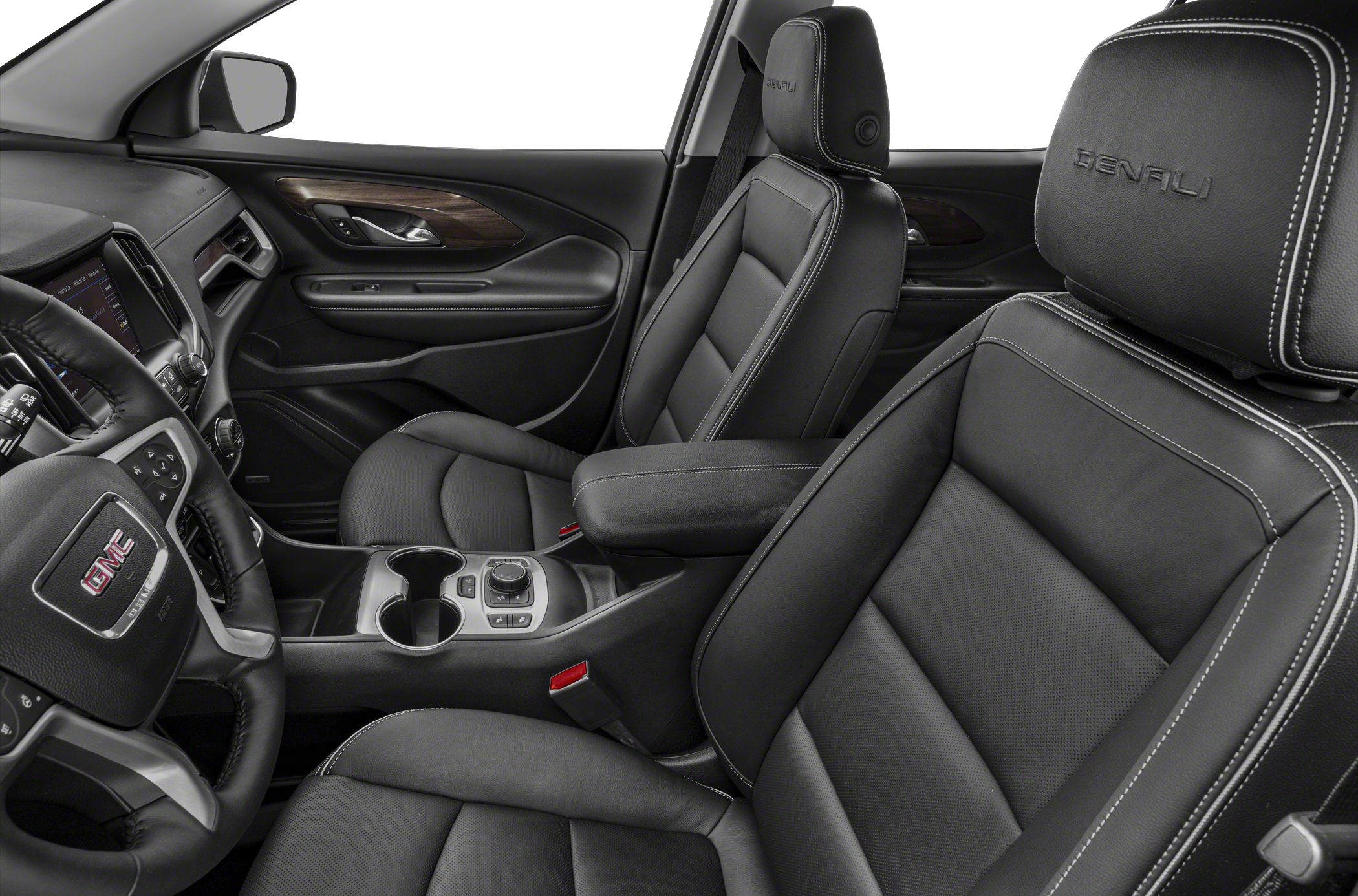Black leather front seats with white stitching and detailed GMC Terrain II cabin.