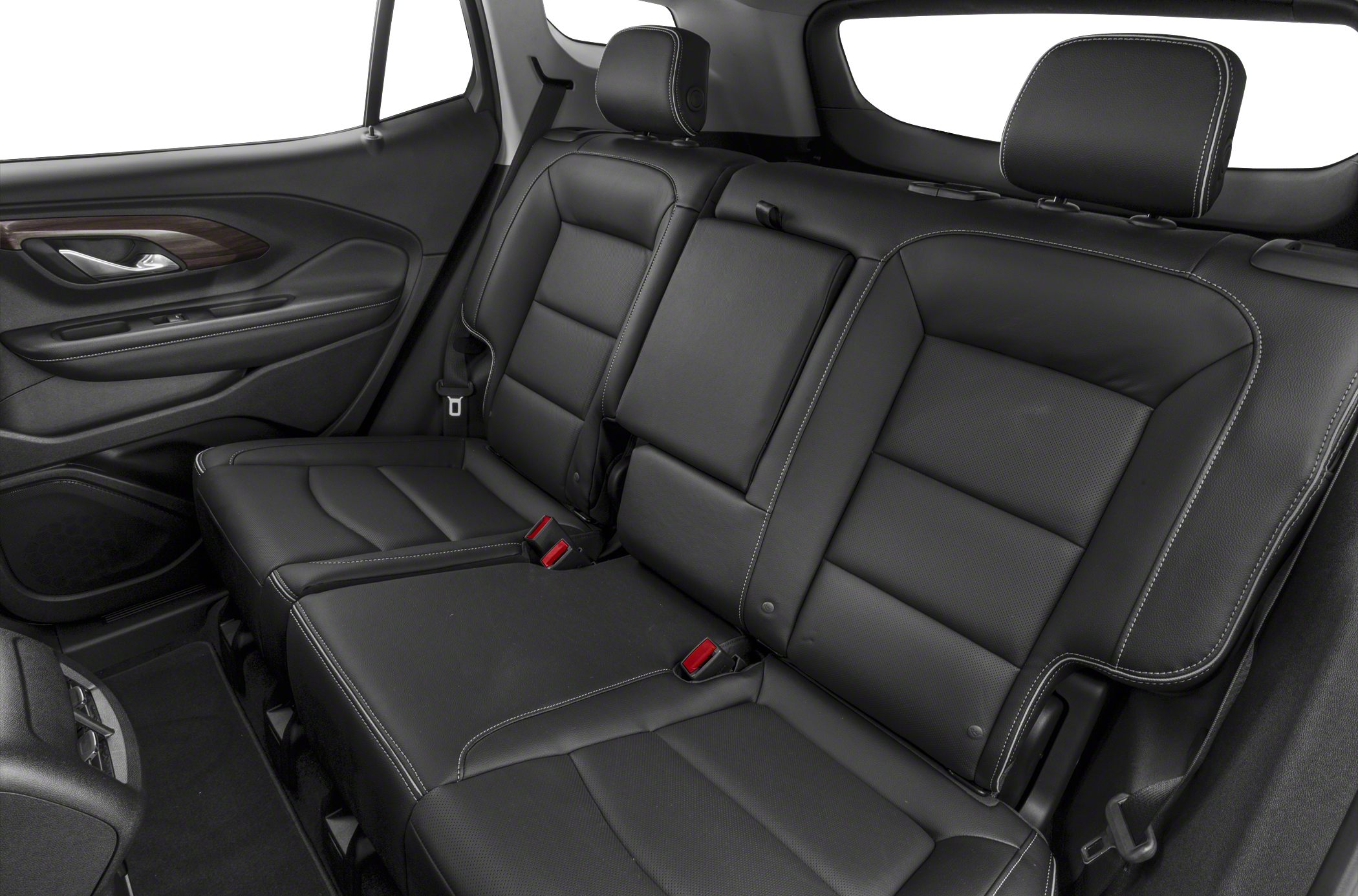 Black leather rear seats with white stitching and detailed door panel