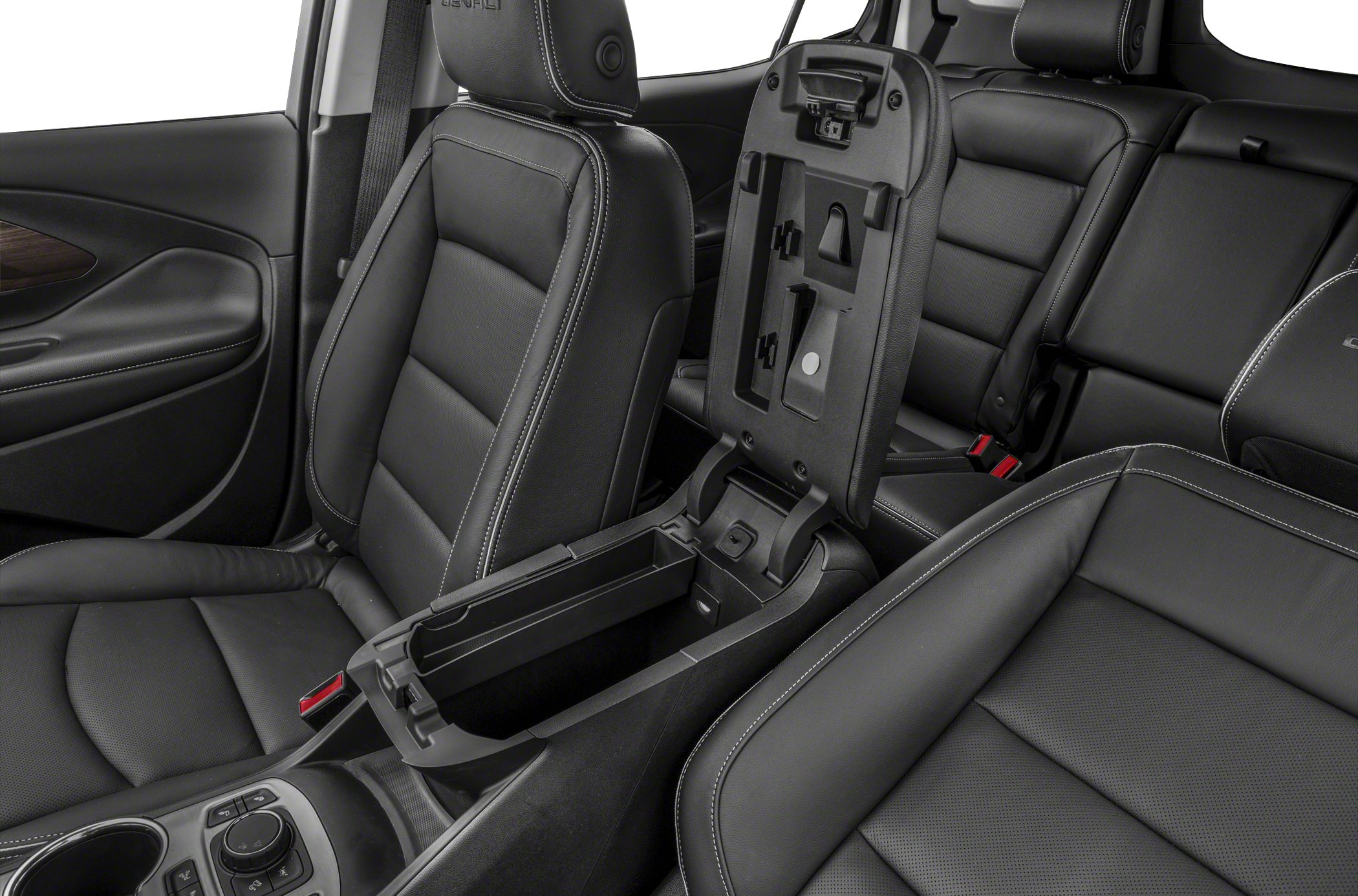 Black leather front seats with open central storage compartment