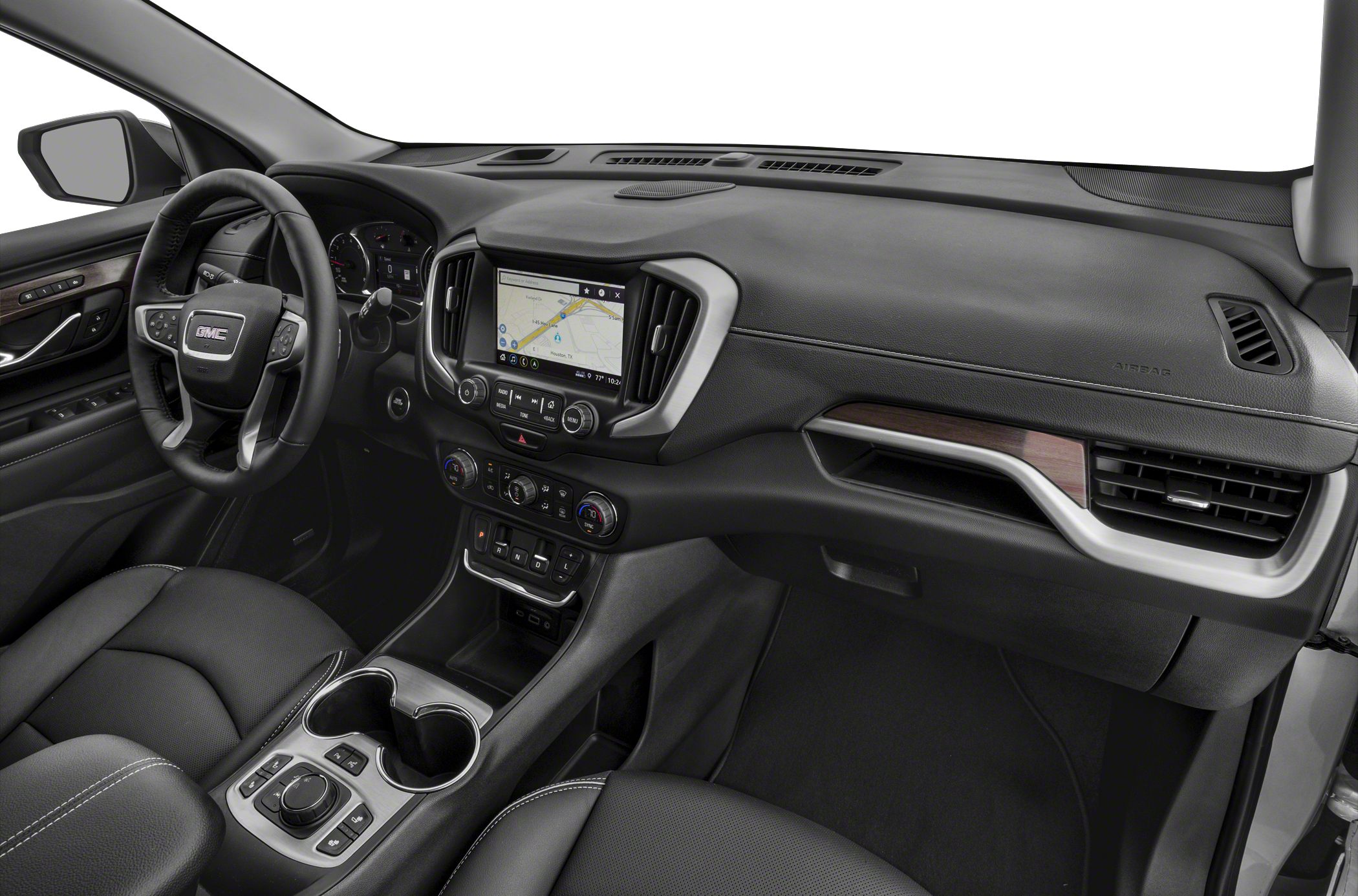 Dashboard with infotainment touchscreen and center console with controls and cup holders