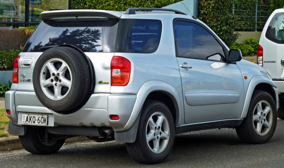 Compact SUV with rear-mounted spare tire and roof spoiler