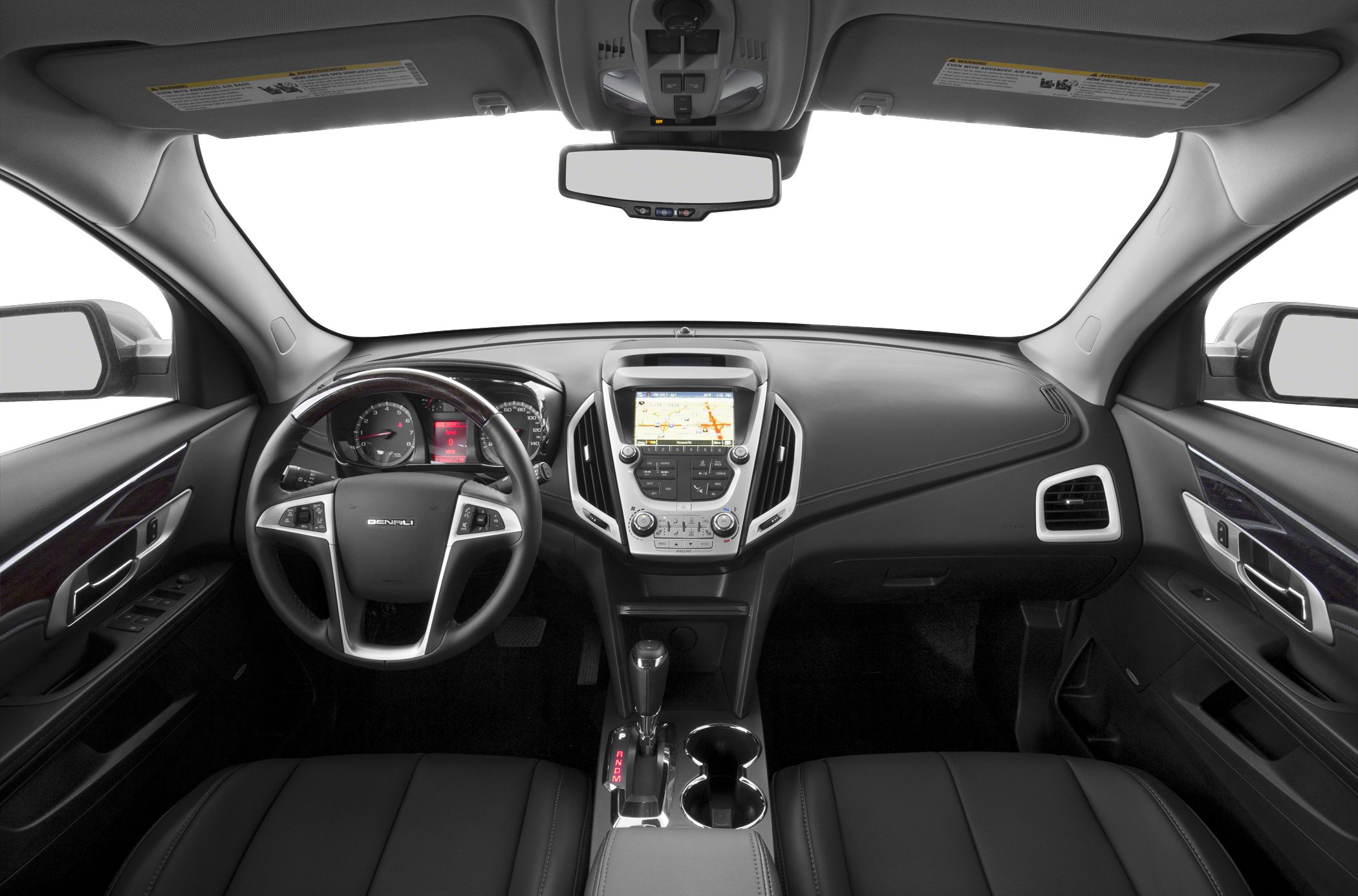 Car interior with dashboard, touchscreen navigation, and leather steering wheel