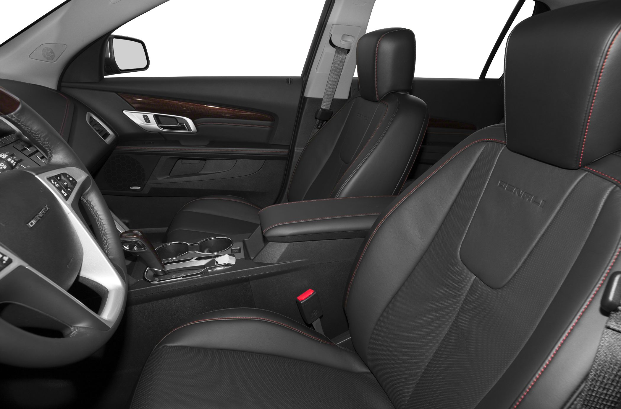 Black leather seats with red stitching and wood trim door panels.