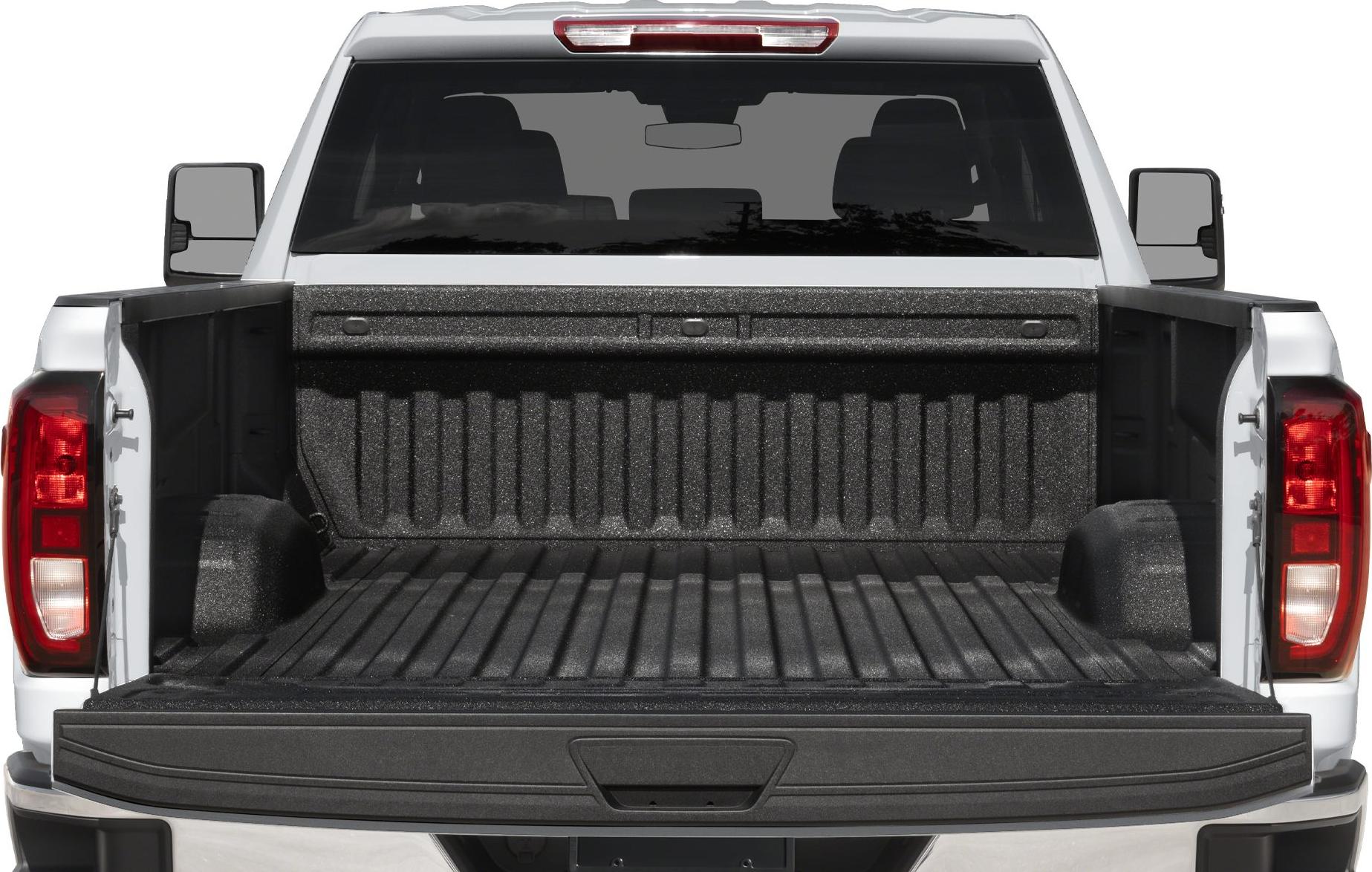Open protective cargo bed with tailgate and double cab rear windows