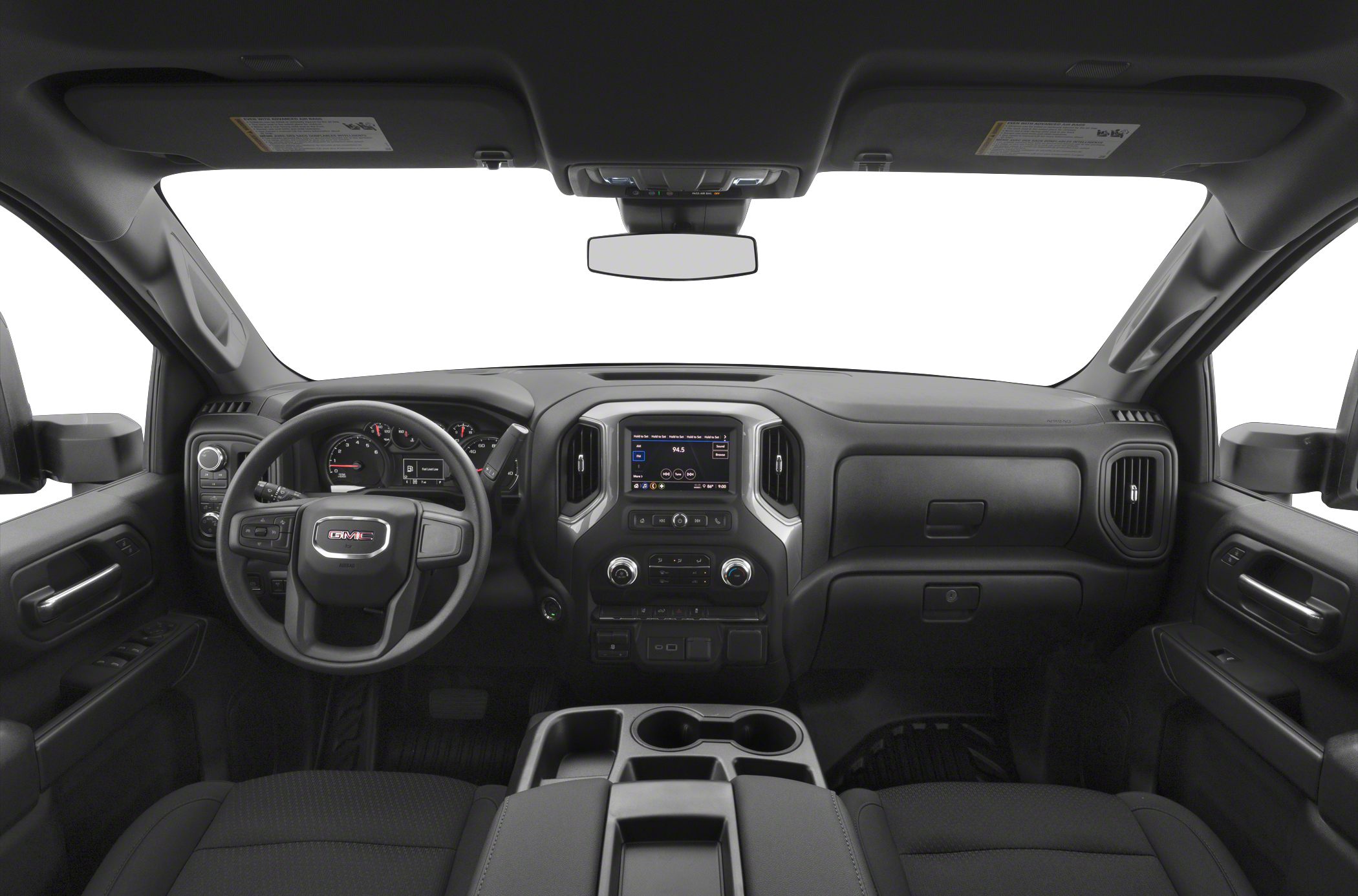 Dashboard, steering wheel, and infotainment system of a truck interior