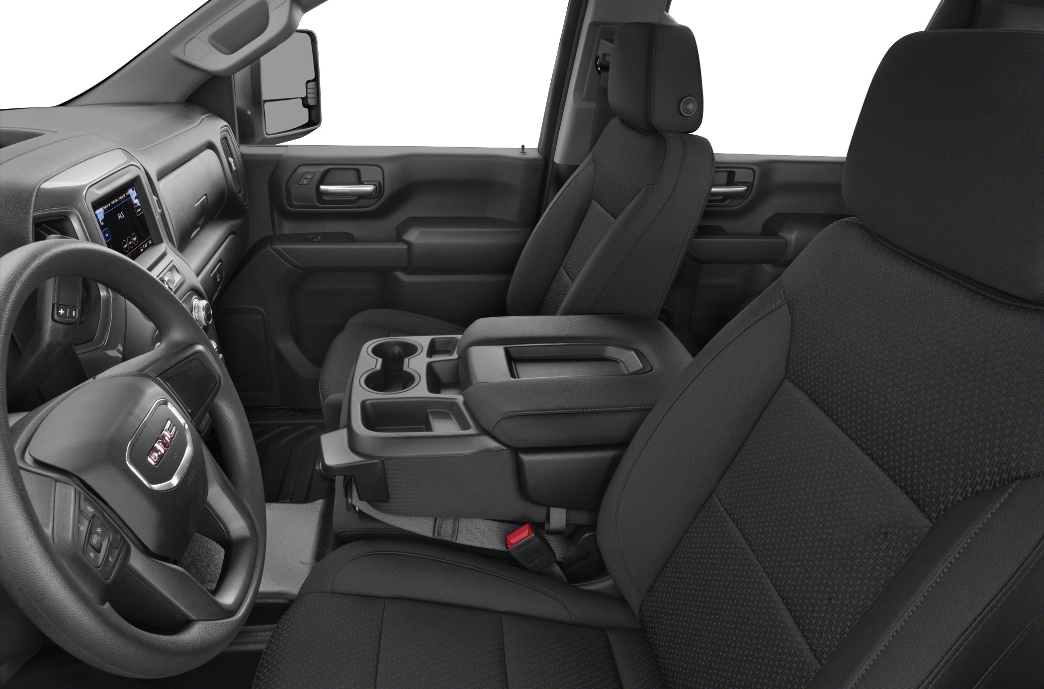 Black fabric front seats with center console and cabin interior