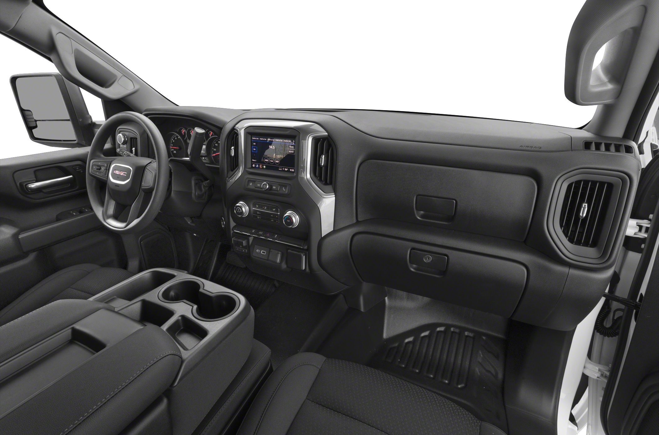 Dashboard and center console with steering wheel and infotainment screen.