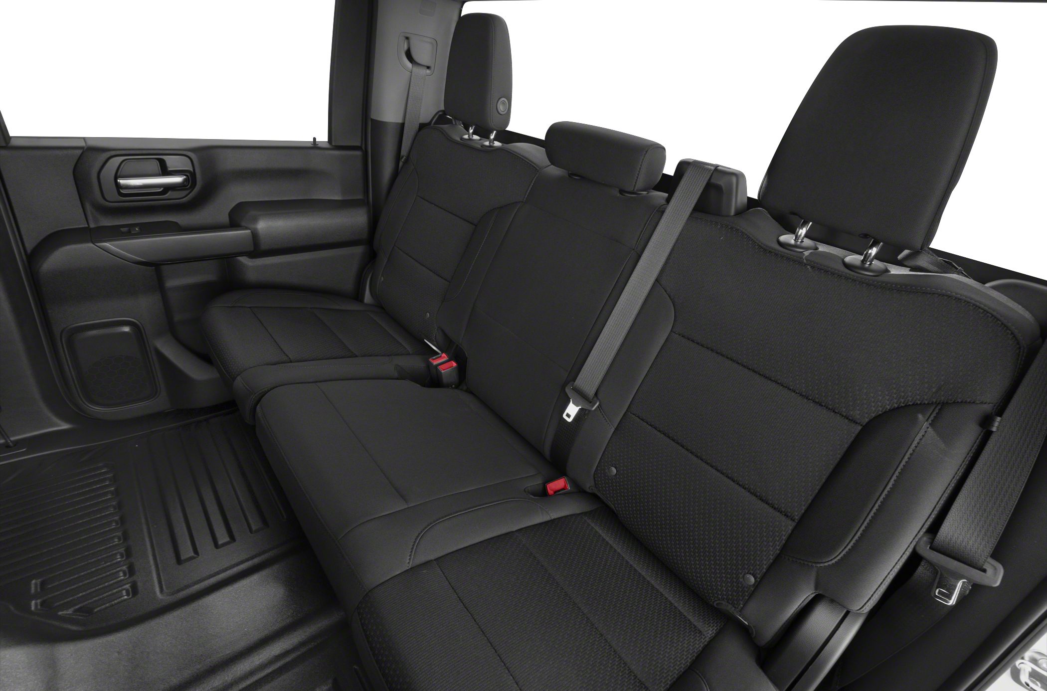 Spacious rear seating interior with black upholstery and seat belts