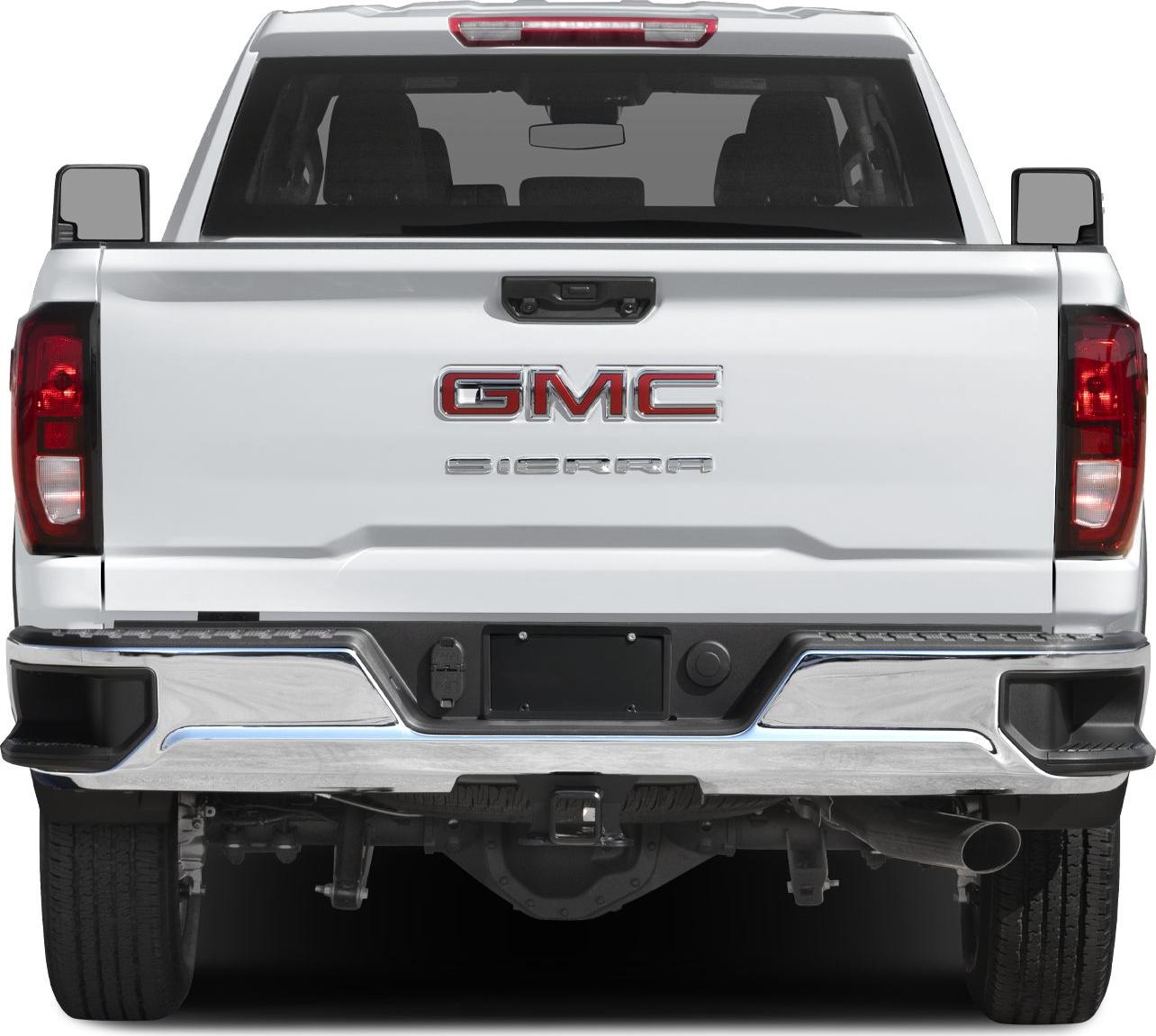 Rear view of pickup truck with chrome bumper and signature tailgate design