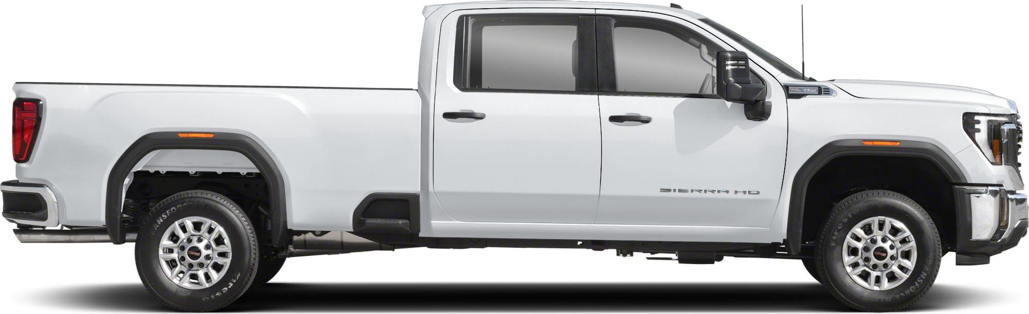 Side profile of a regular cab, long bed heavy duty pickup truck.