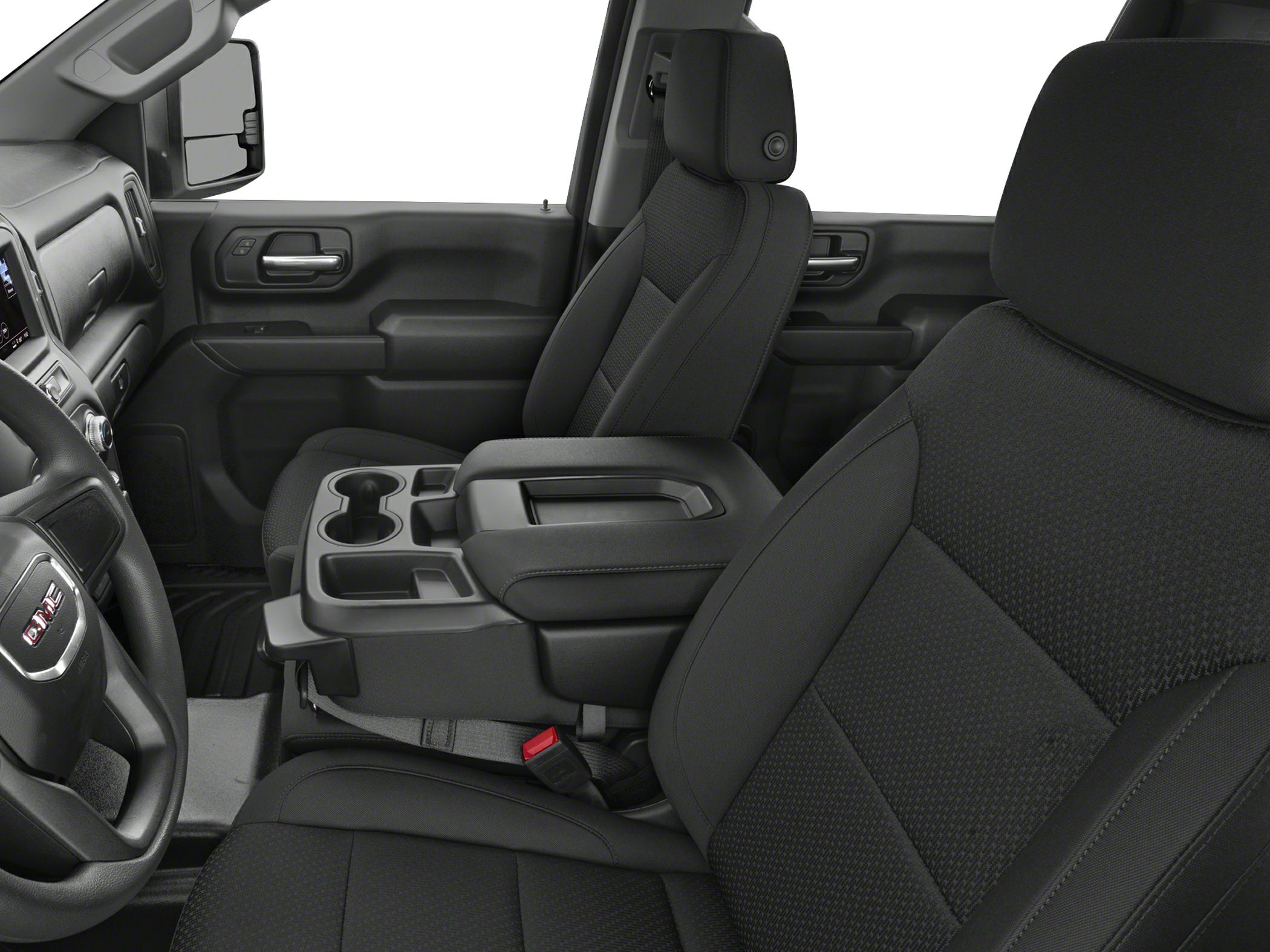 Black fabric front seats with center console and cupholders