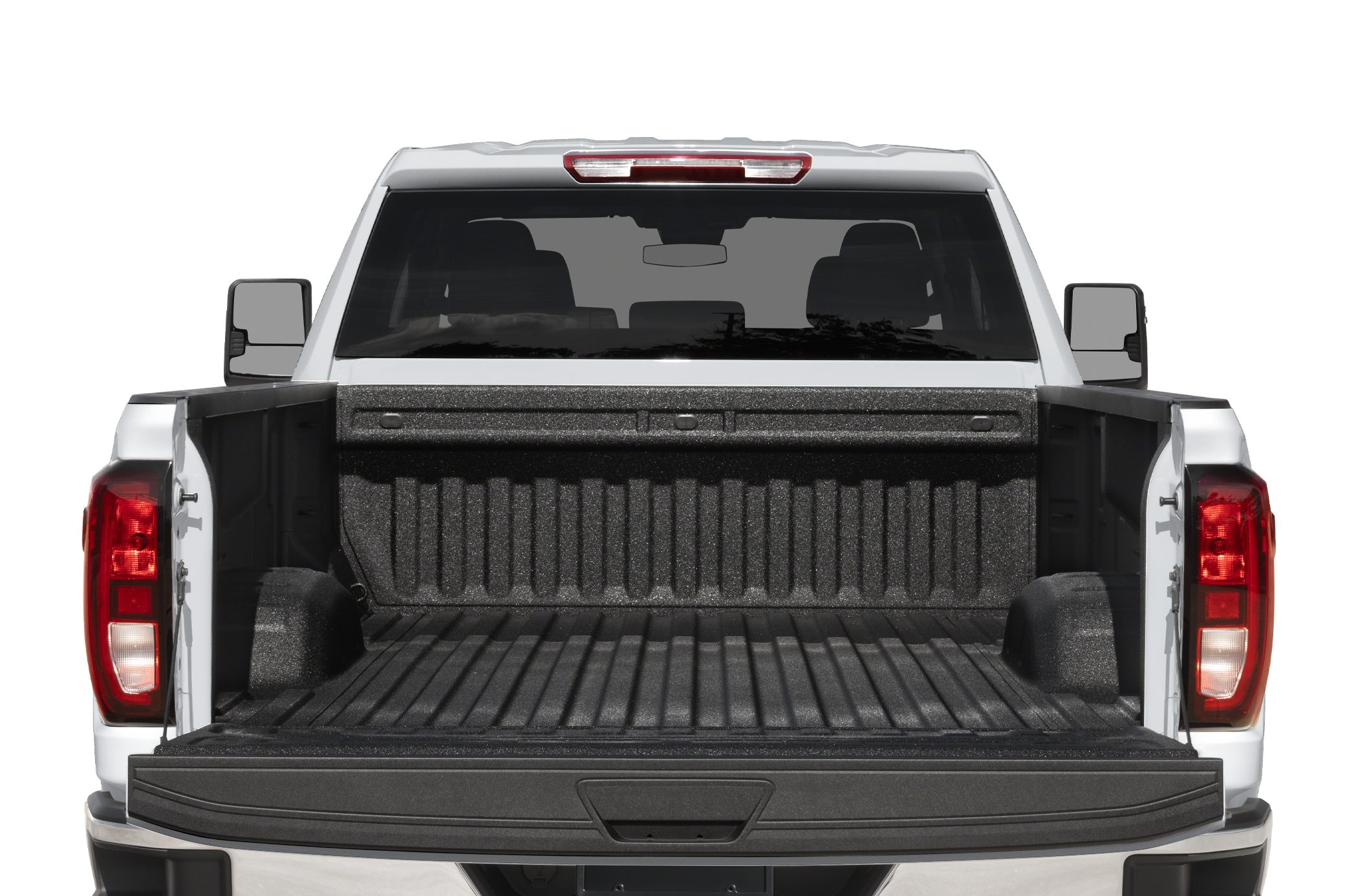 Pickup truck open bed with protective liner and tailgate down