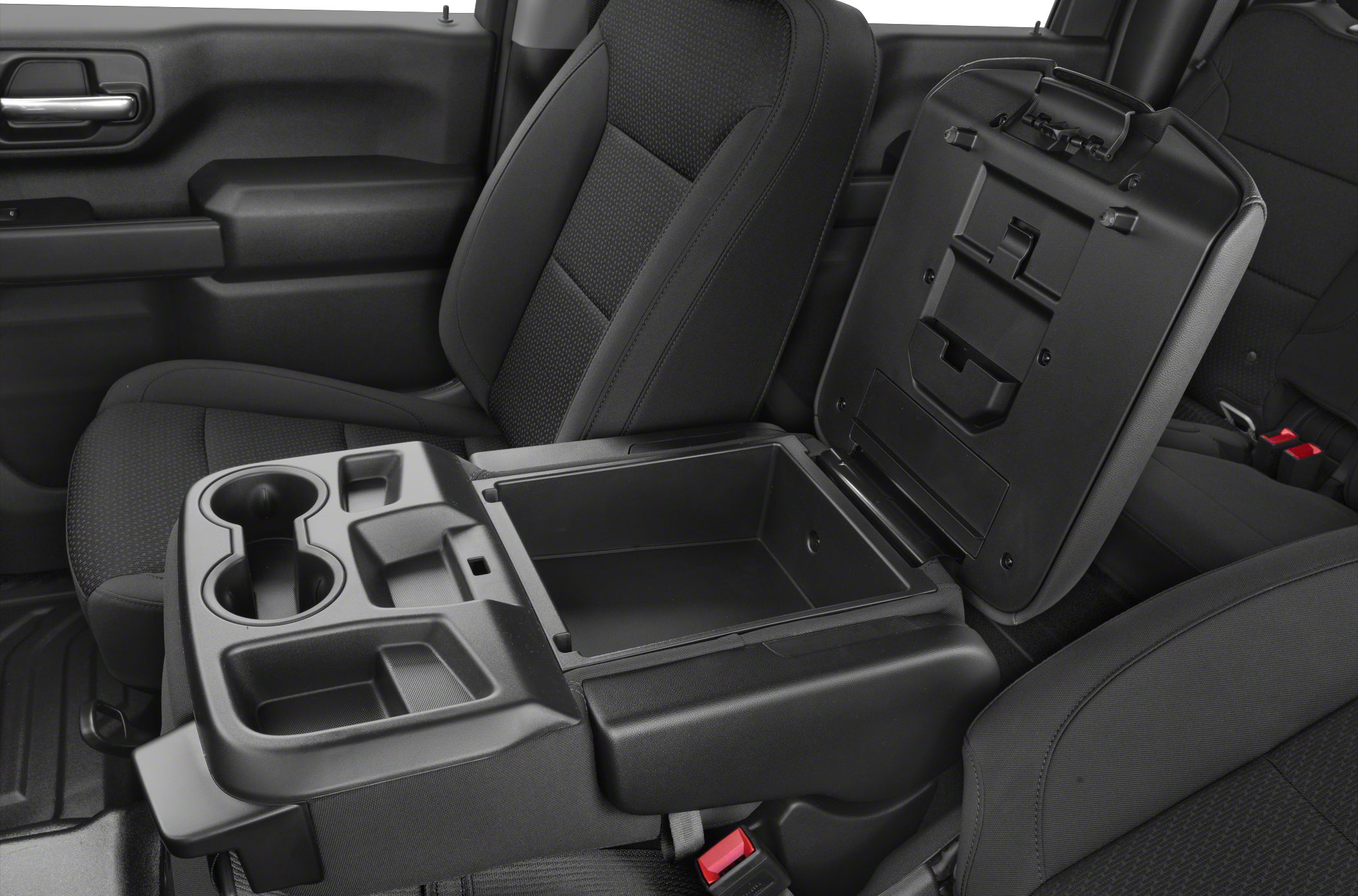 Center console storage with cup holders and durable front seats.