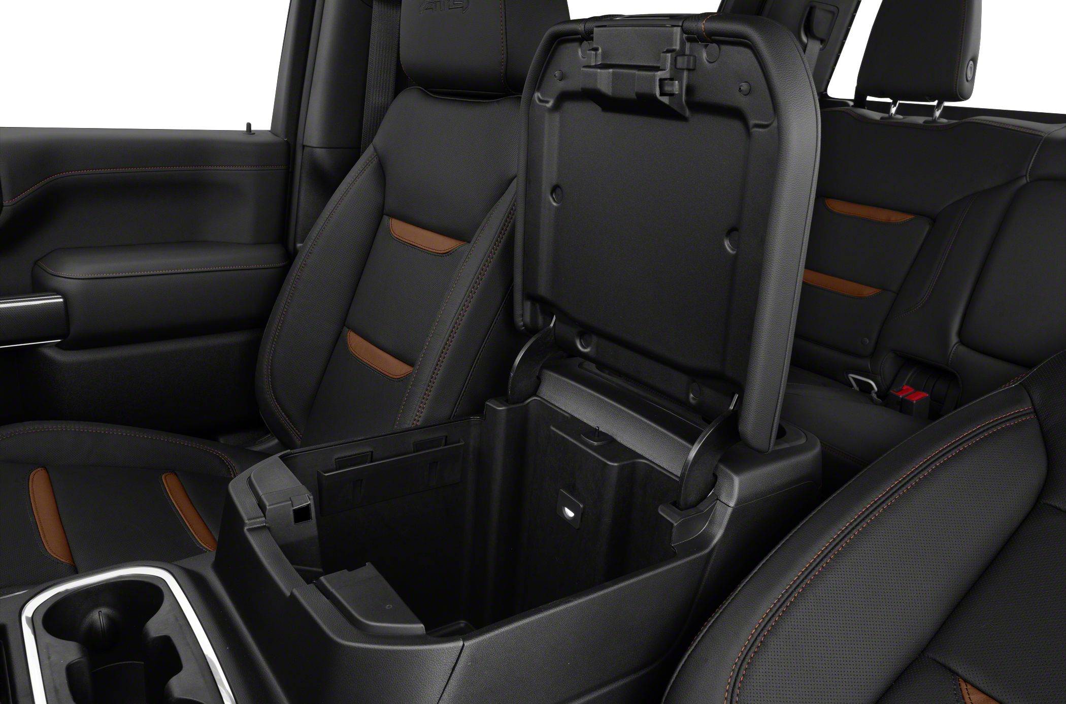 Open center console storage and leather crew cab seats