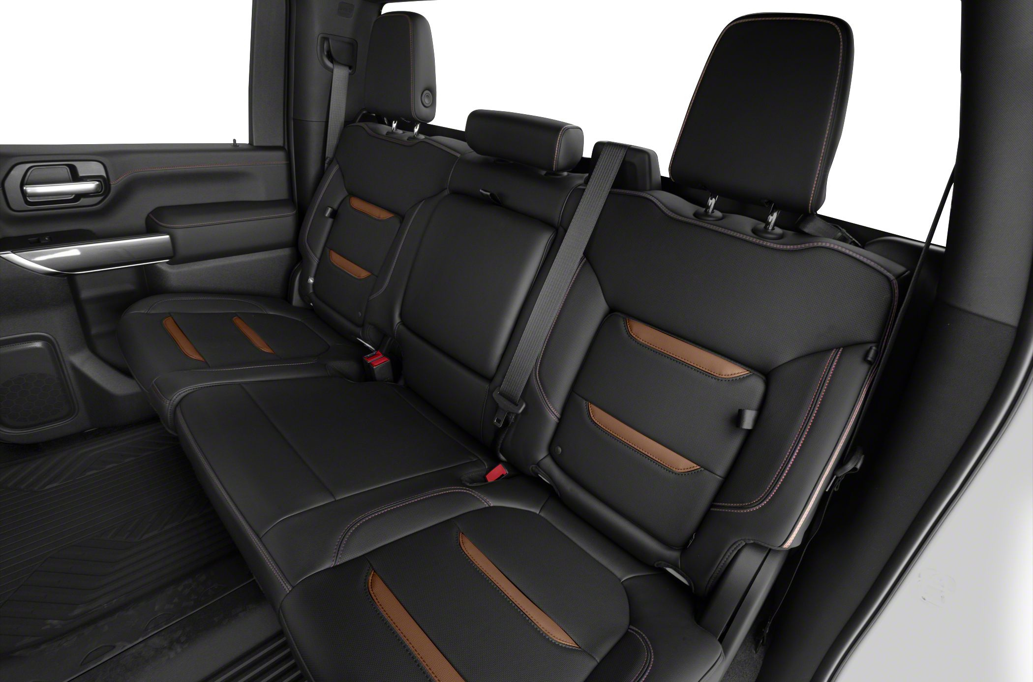 Rear seat interior with black leather and brown accents, seat belts and headrests