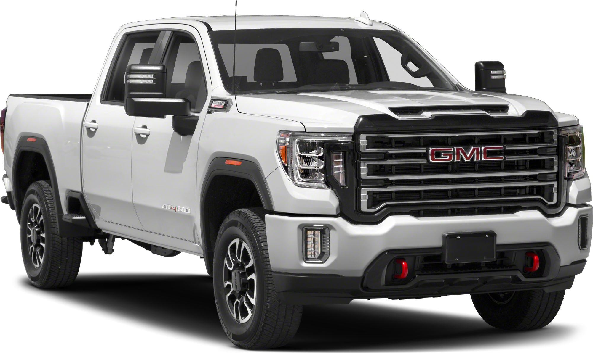 Front and side view of heavy duty pickup with double cab and standard bed