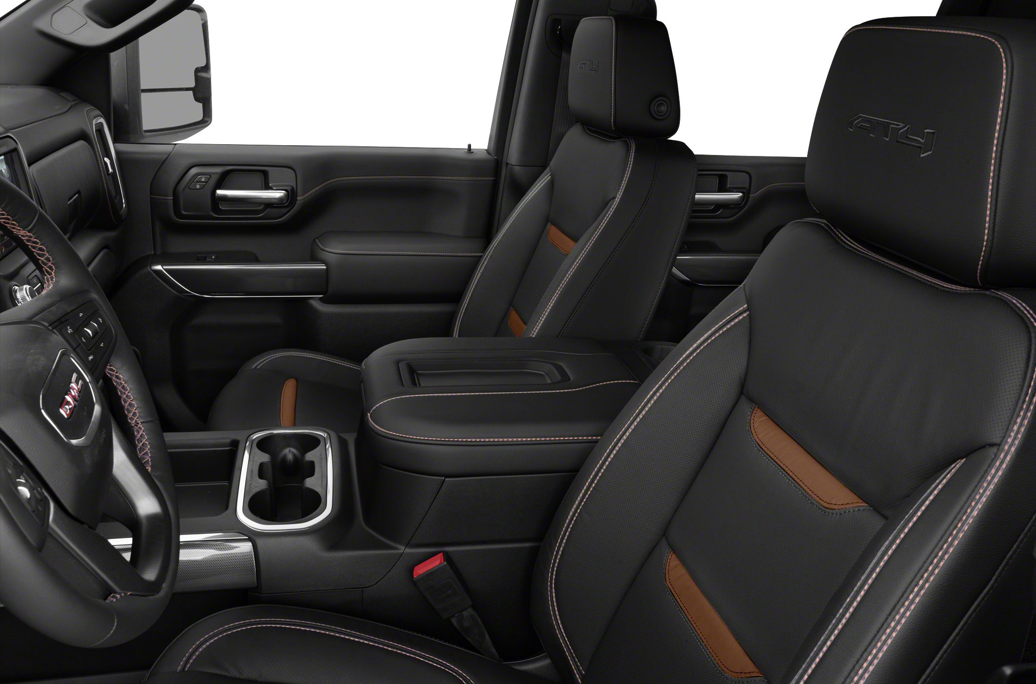 Black leather AT4 seats with brown accents and center console cup holders