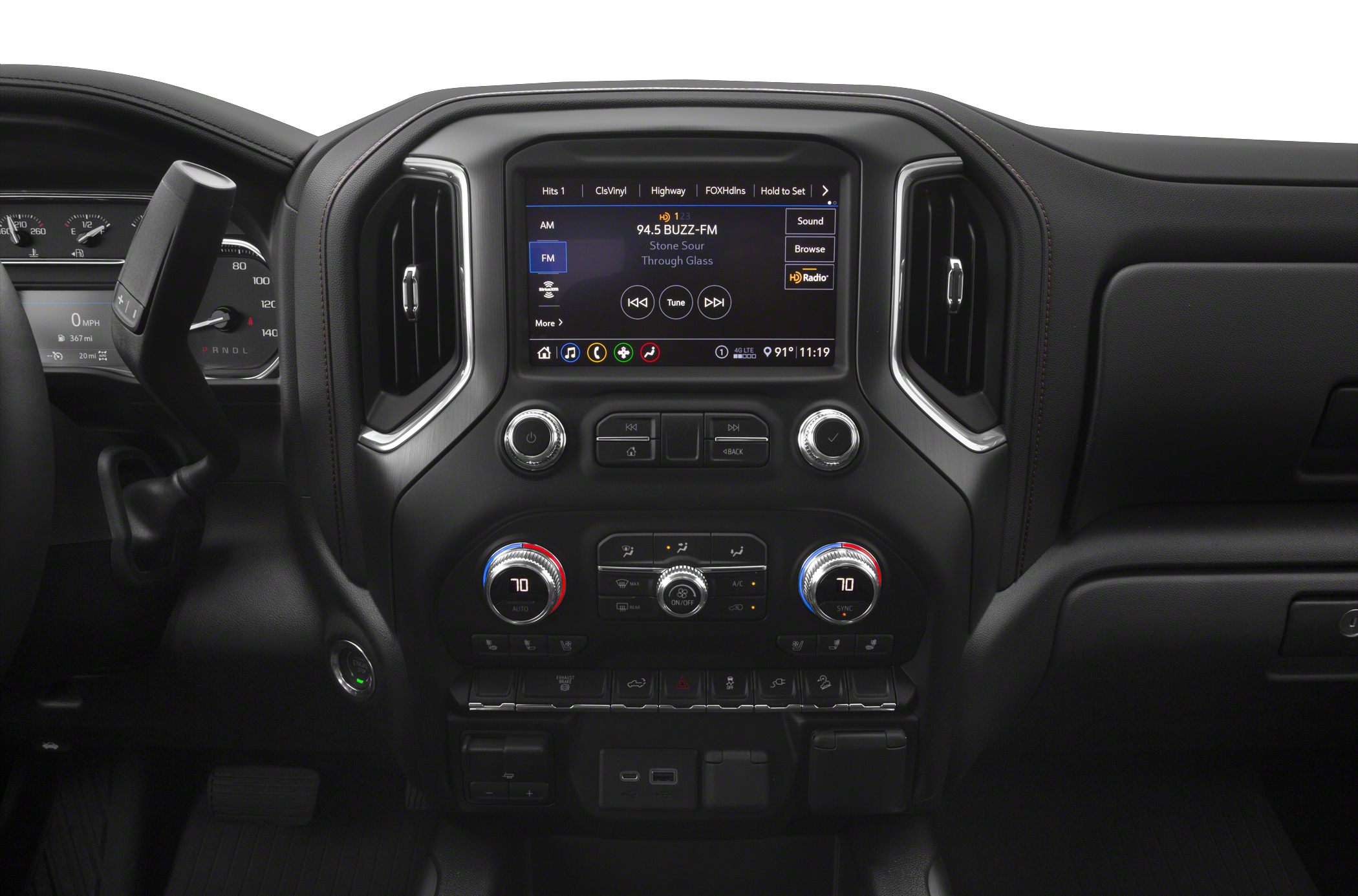 Dashboard with touchscreen infotainment and climate control knobs