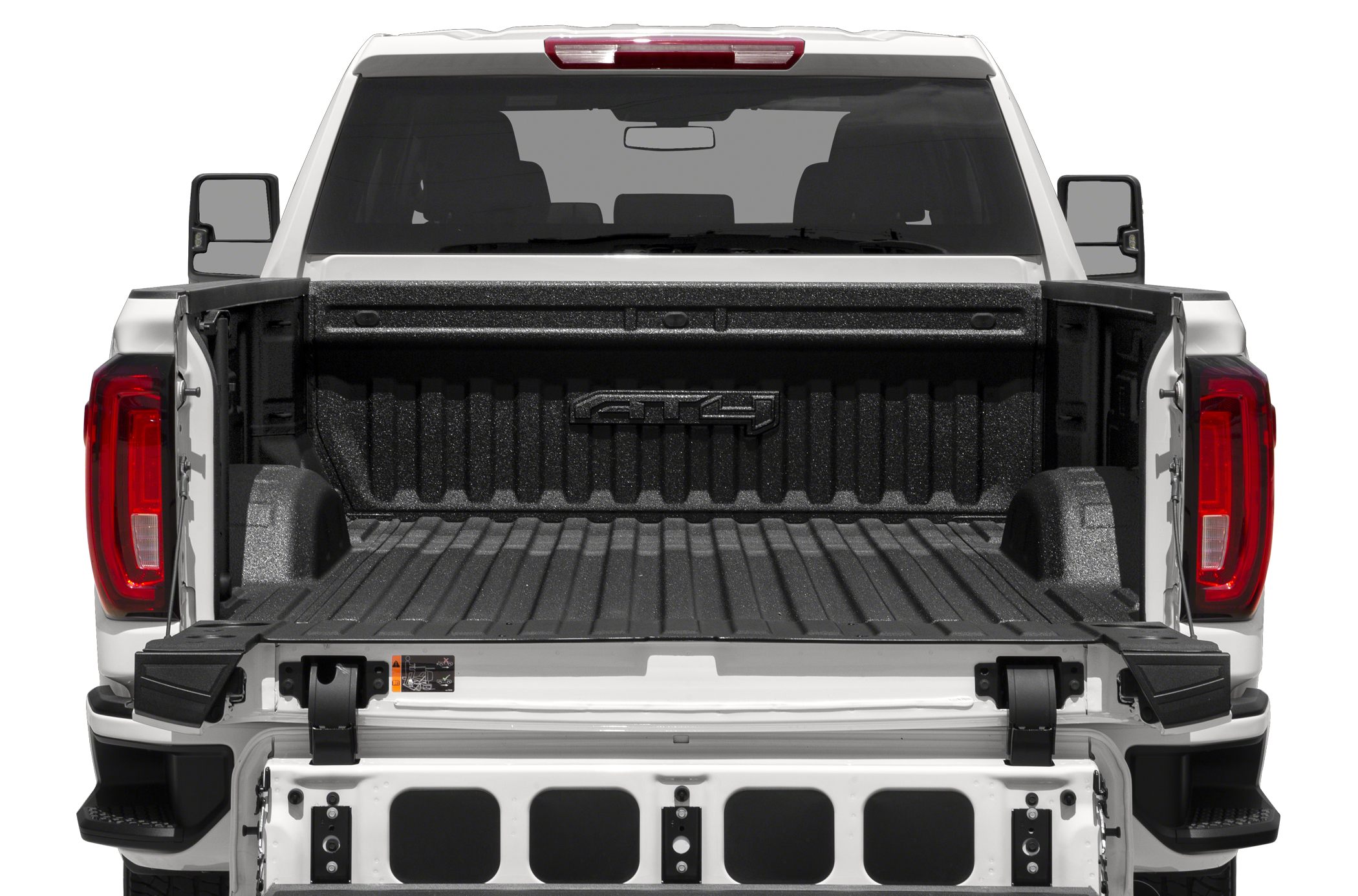 Open multi-functional tailgate and rugged truck bed liner in rear view