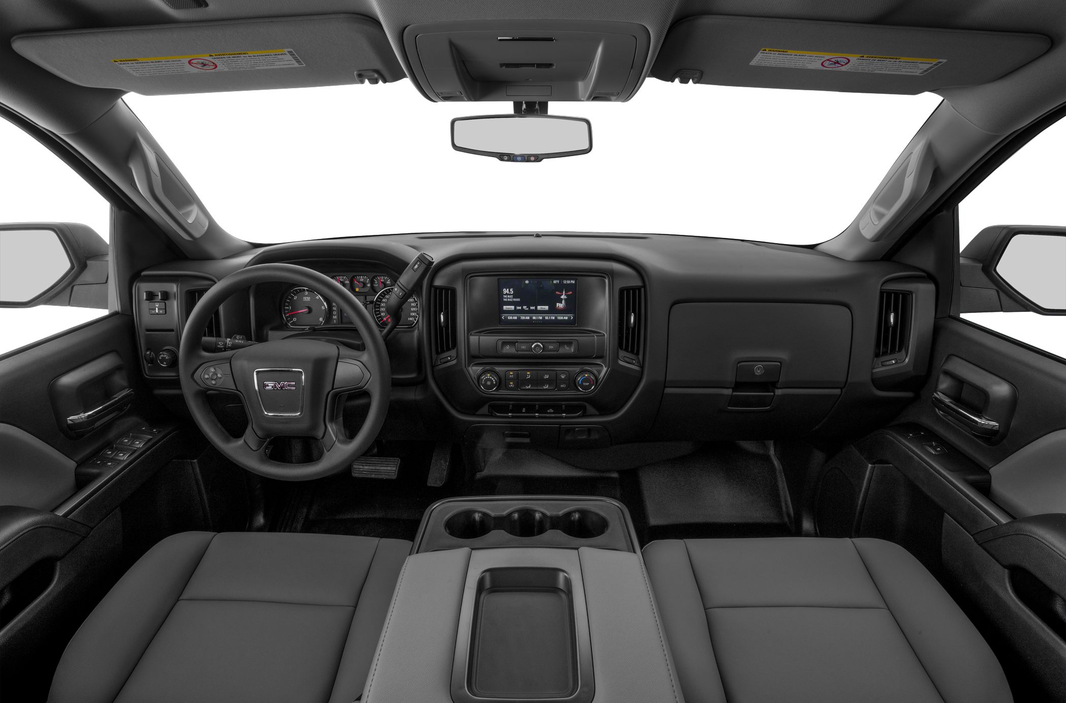 Dashboard and steering wheel with infotainment display and center console.