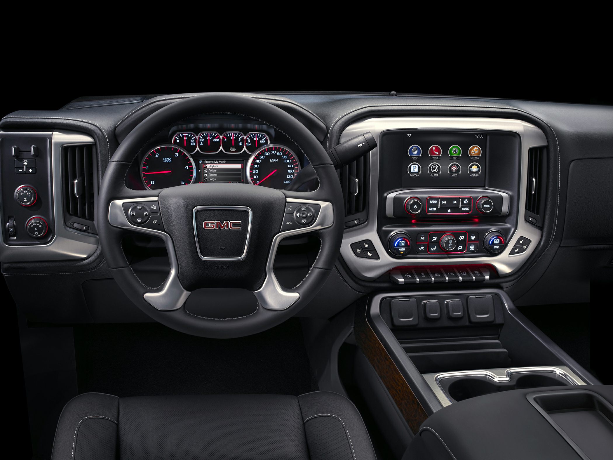 Steering wheel, dashboard, and infotainment system of a truck interior