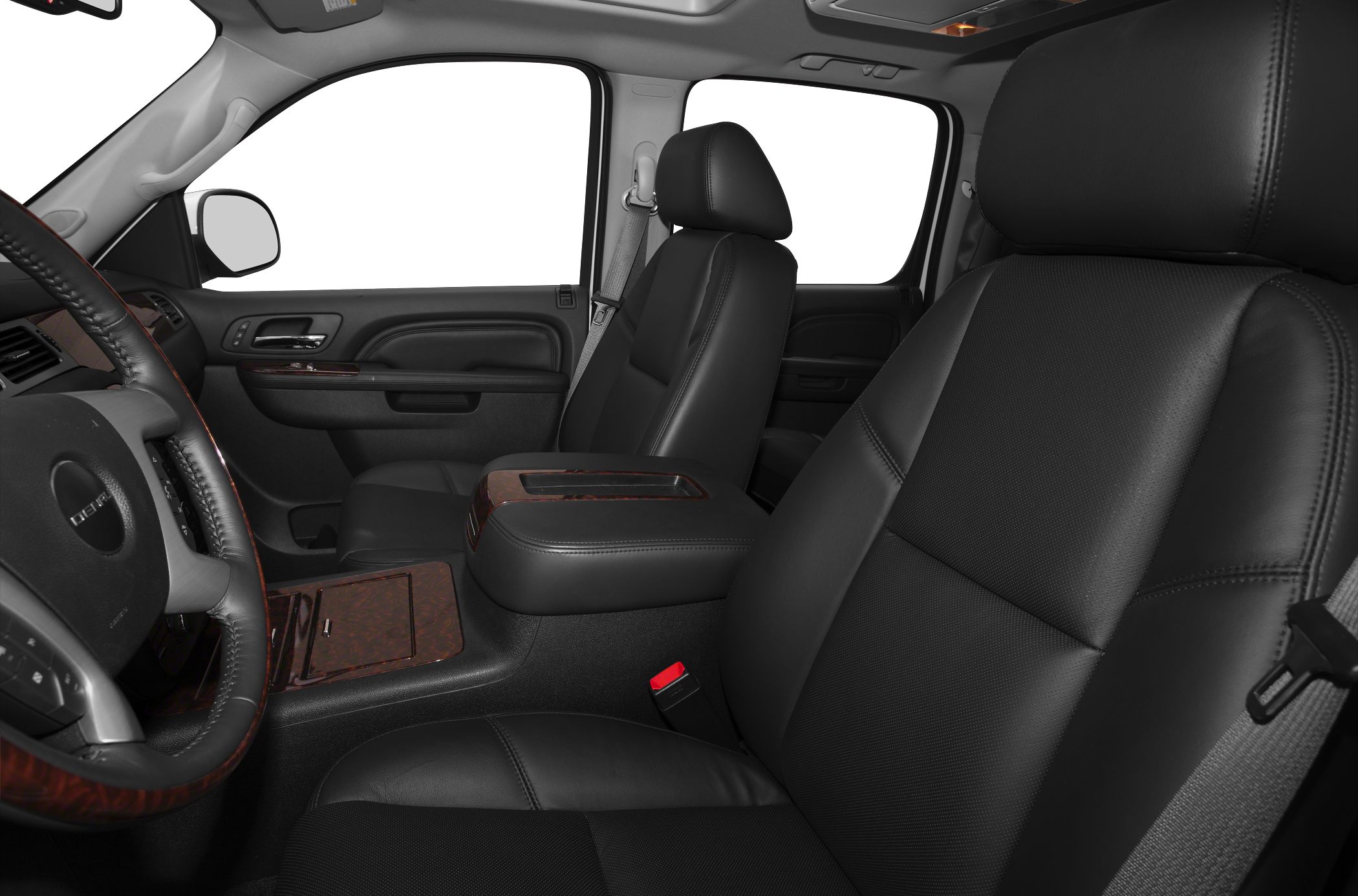 Black leather seats and wood trim interior with extended cab view