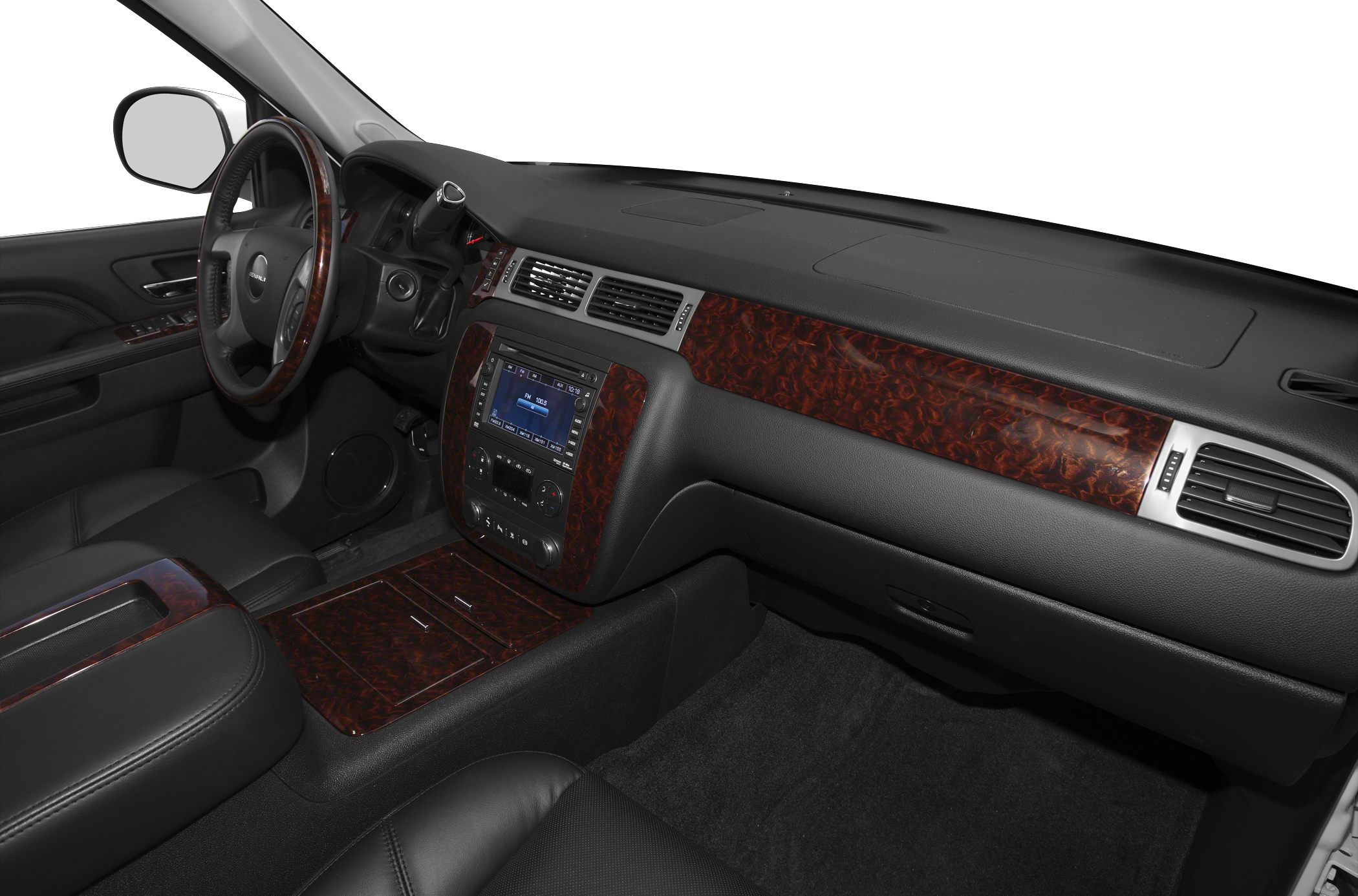Wood trim dashboard with infotainment display in truck interior