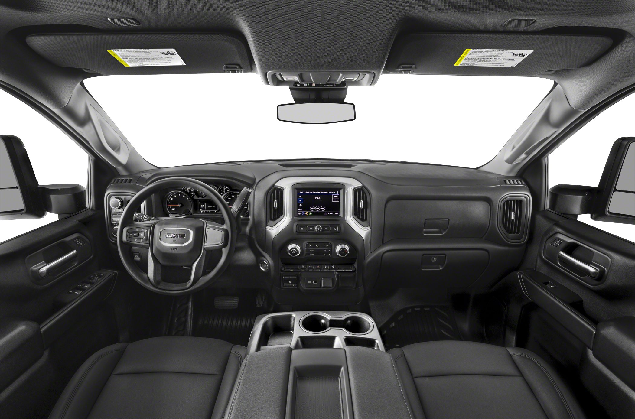 Modern dashboard and multifunction steering wheel in a spacious crew cab interior