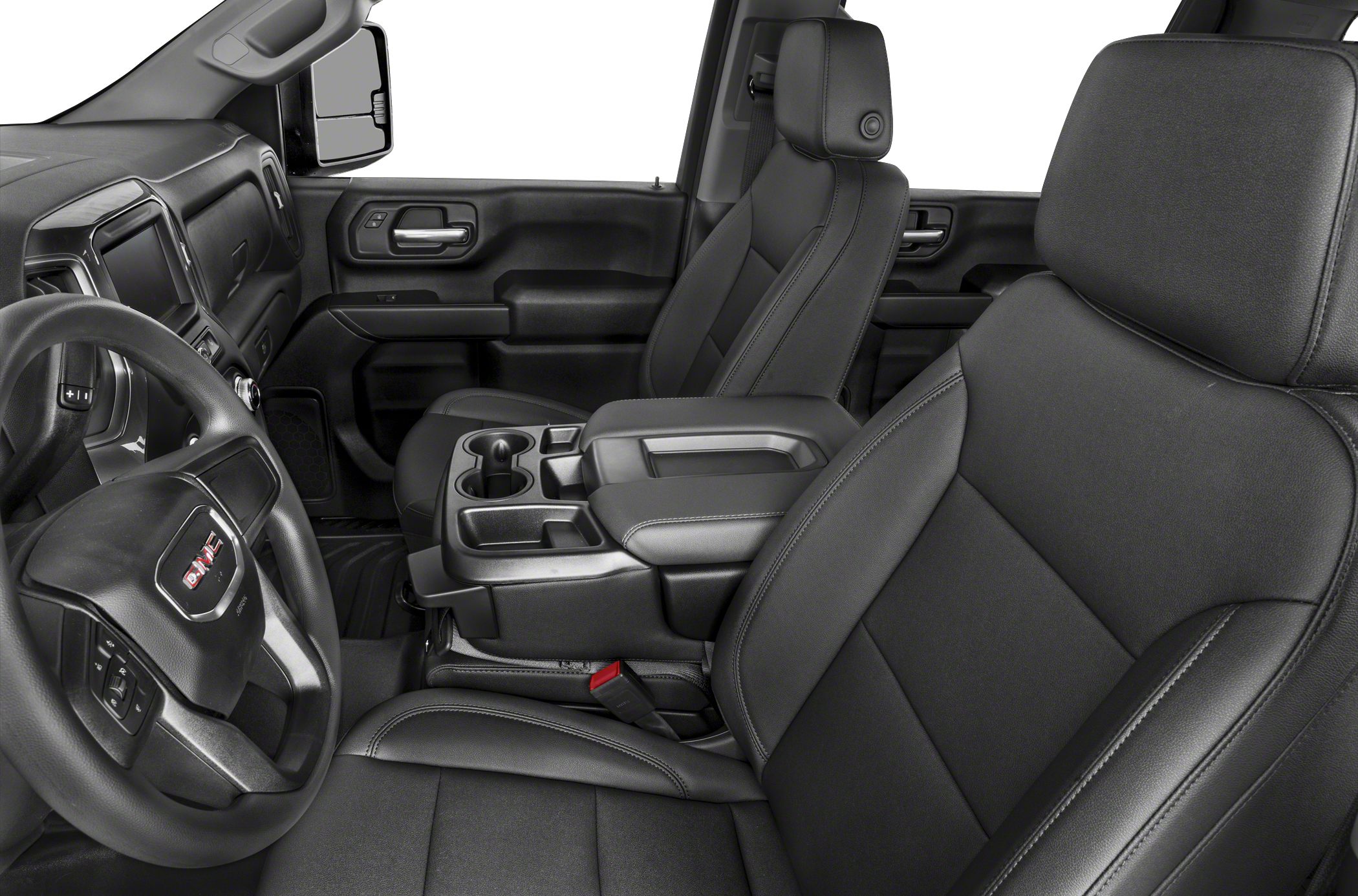 Driver and passenger seats with center console and steering wheel inside truck cabin