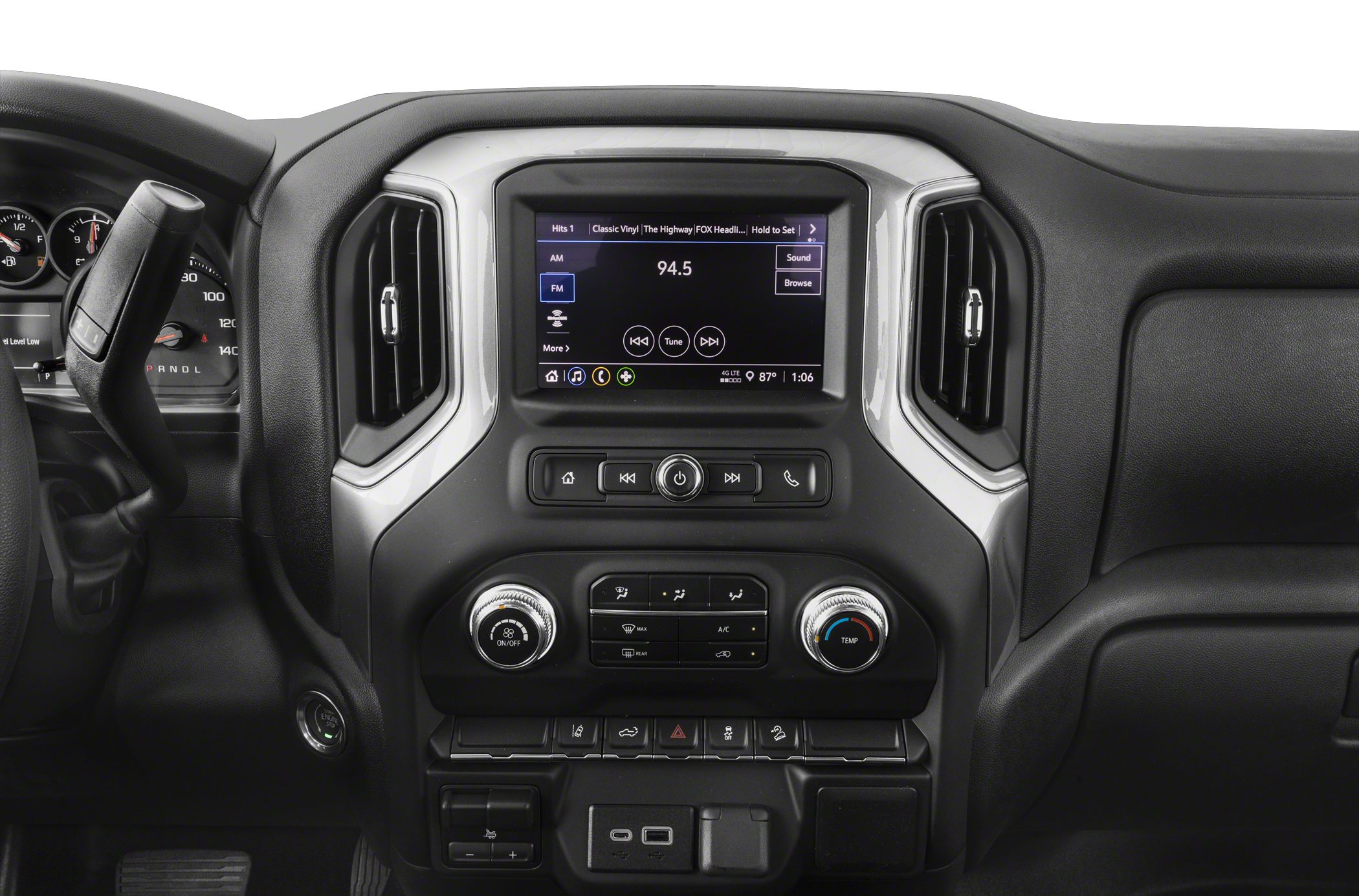 Infotainment screen and control panel with vents and connectivity ports