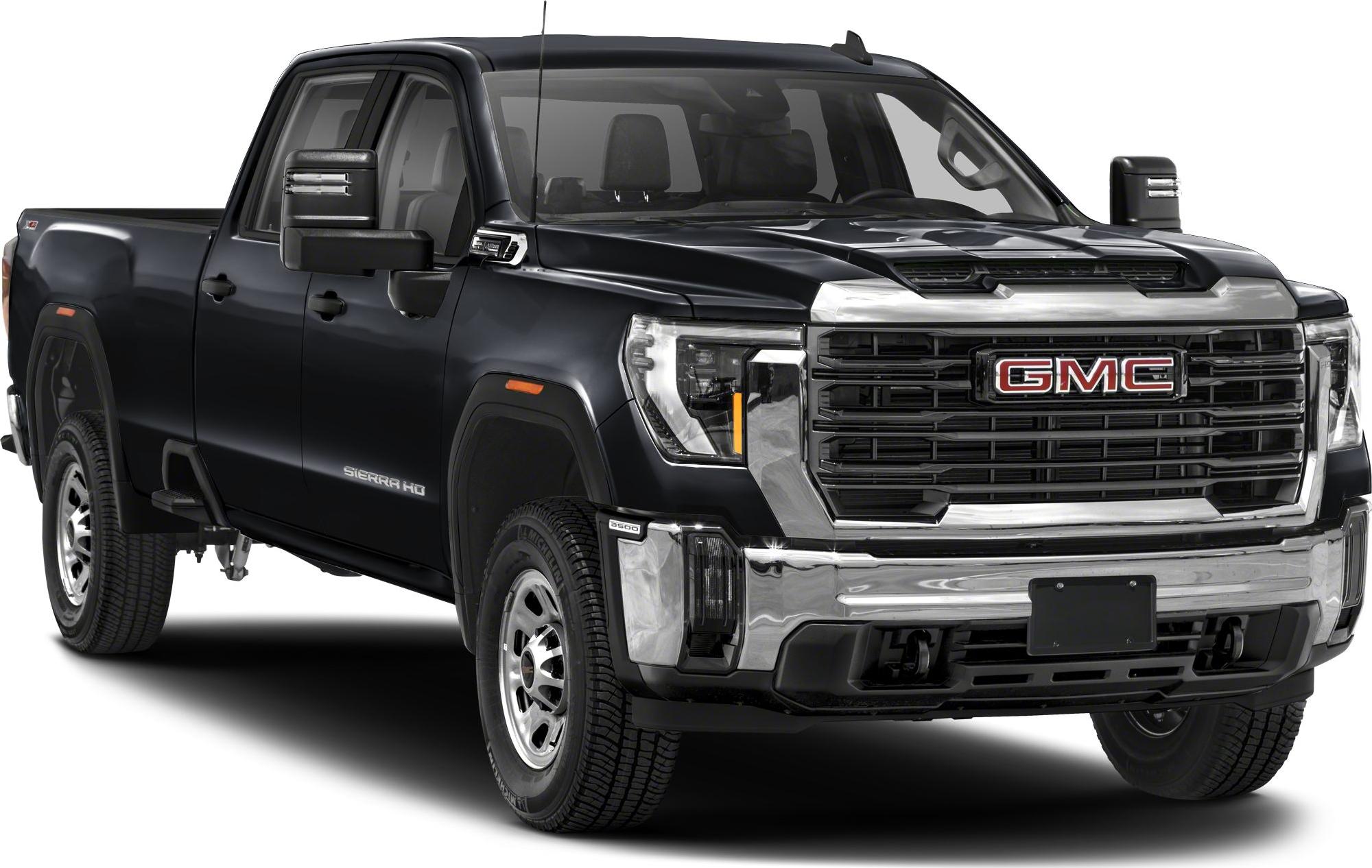 Heavy-duty pickup front with chrome grille, regular cab, and long bed