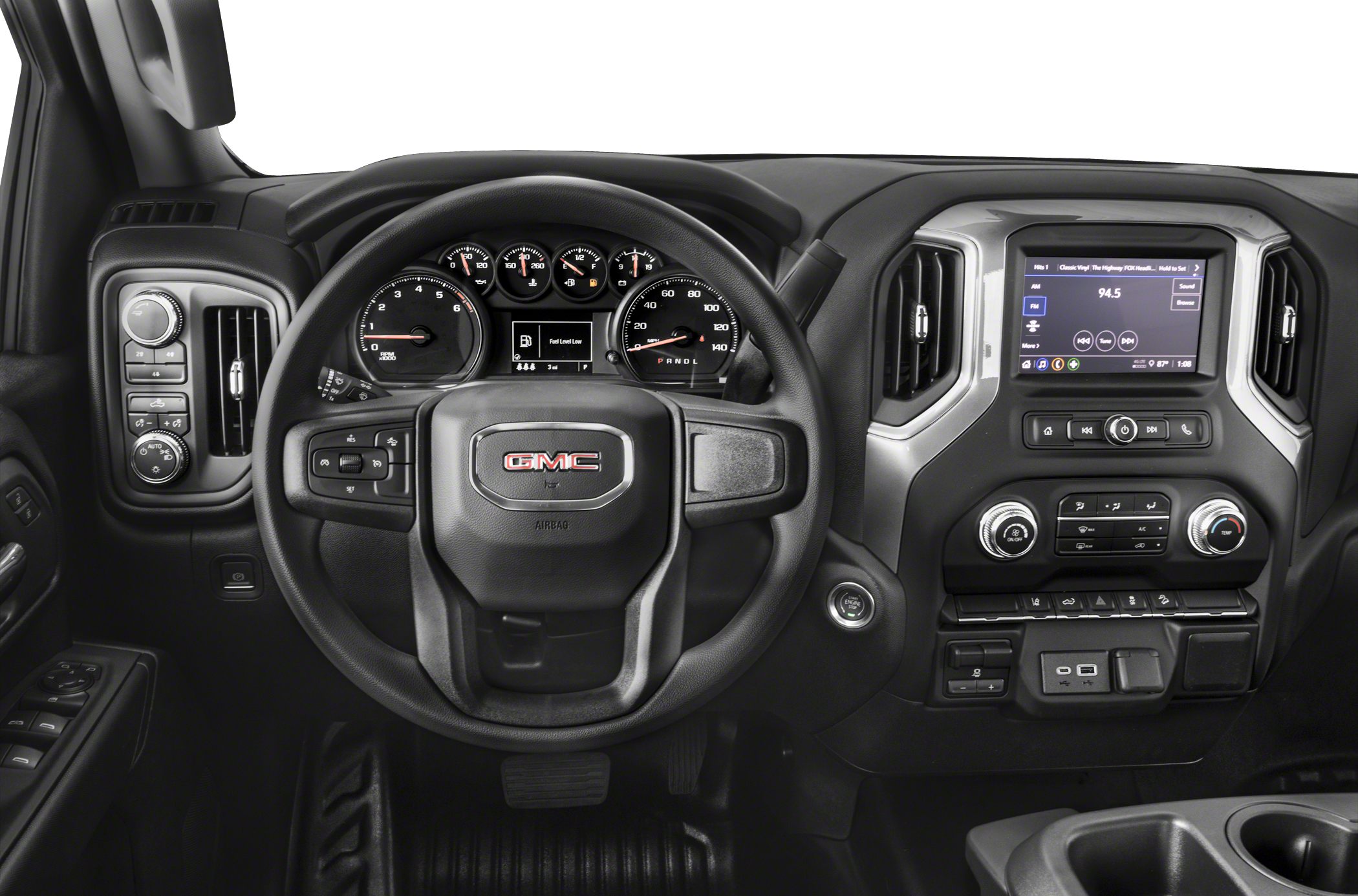 Dashboard with multifunction steering wheel and central touchscreen infotainment