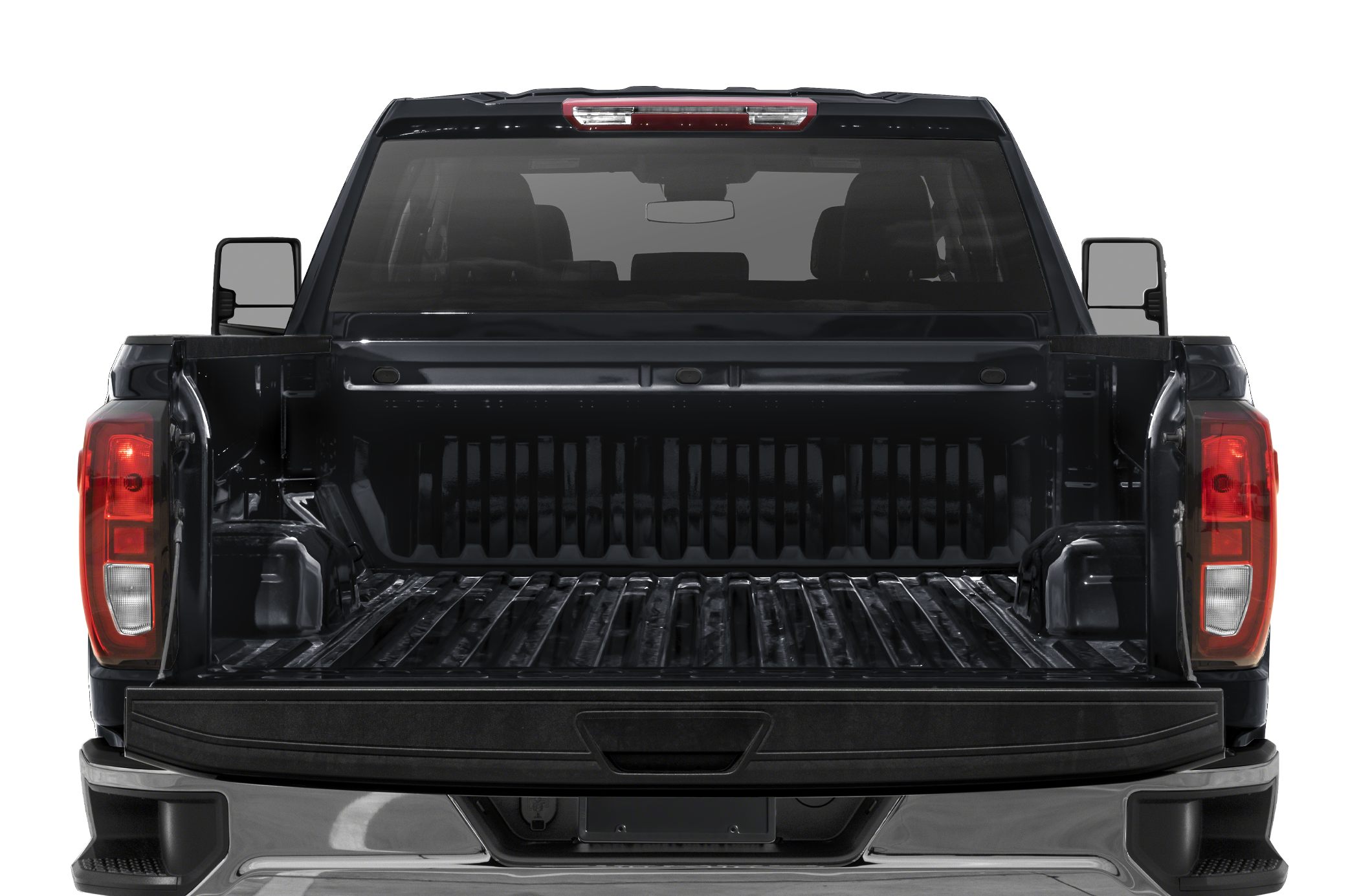 Open cargo bed with tailgate and red rear lights on 2024 heavy duty pickup truck