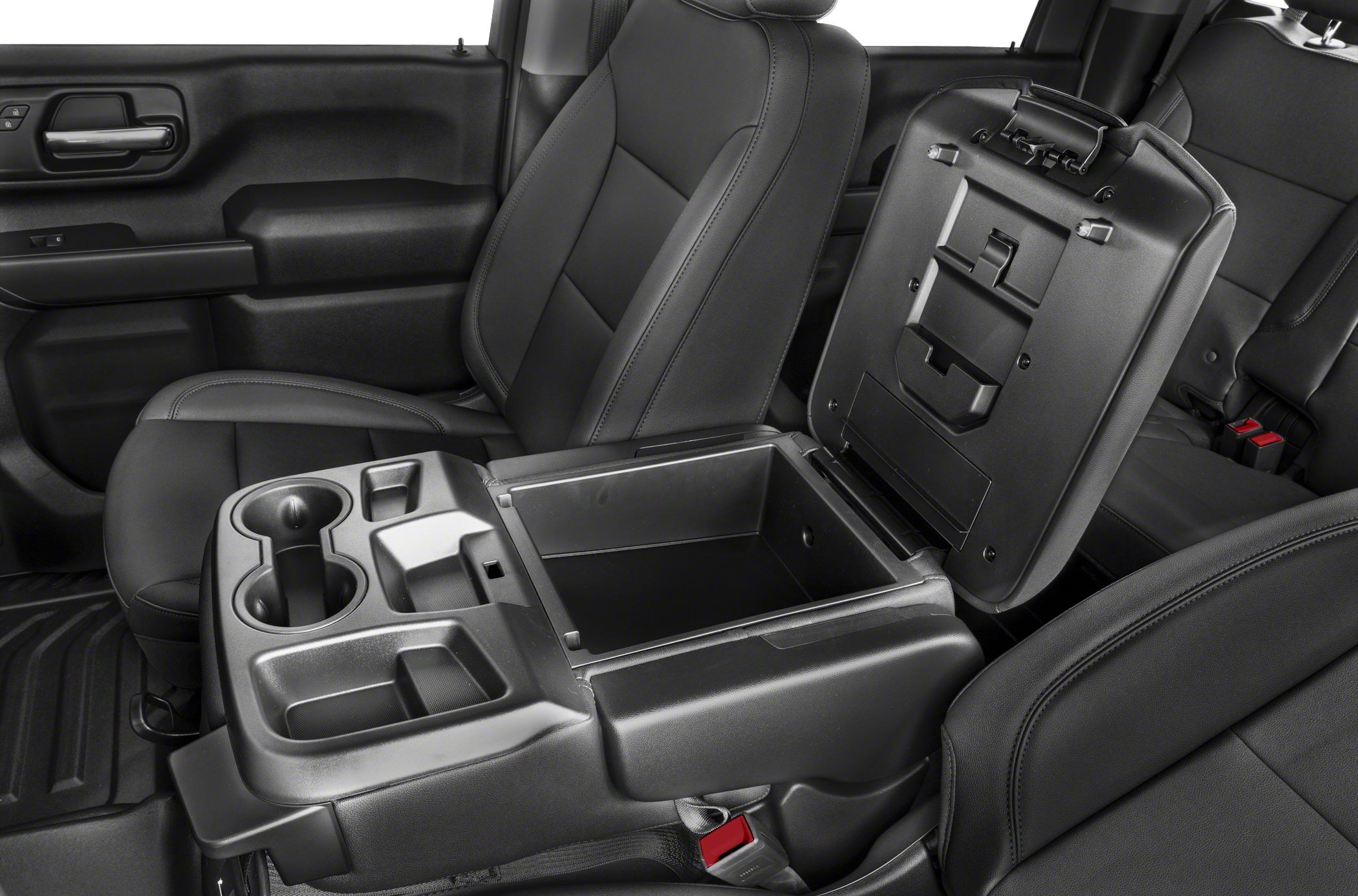 Center console storage compartment with dual cup holders and black leather seats.