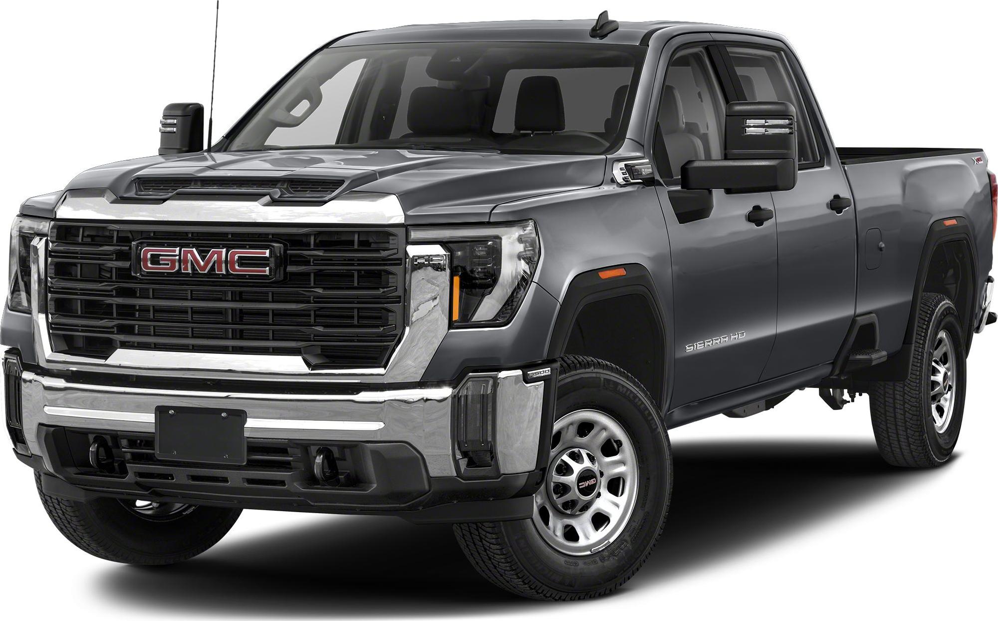 Heavy-duty pickup truck with bold grille and regular cab long bed