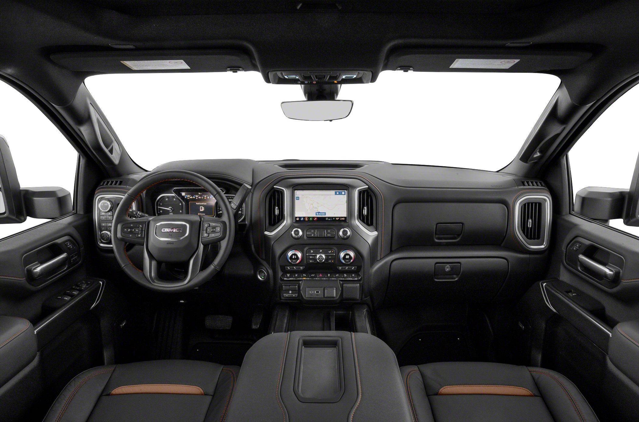 Modern truck dashboard and steering wheel with touchscreen infotainment.