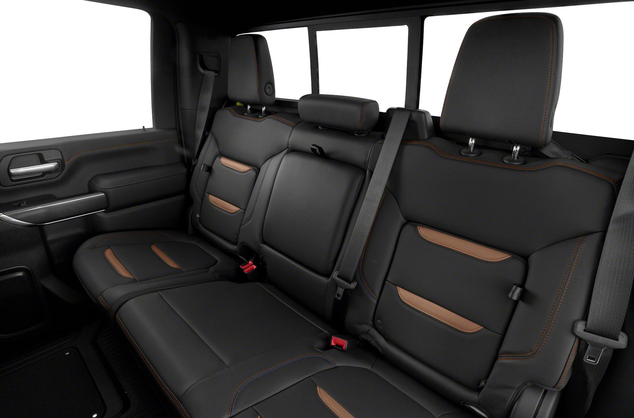 Black leather rear seats with brown accents and red contrast stitching