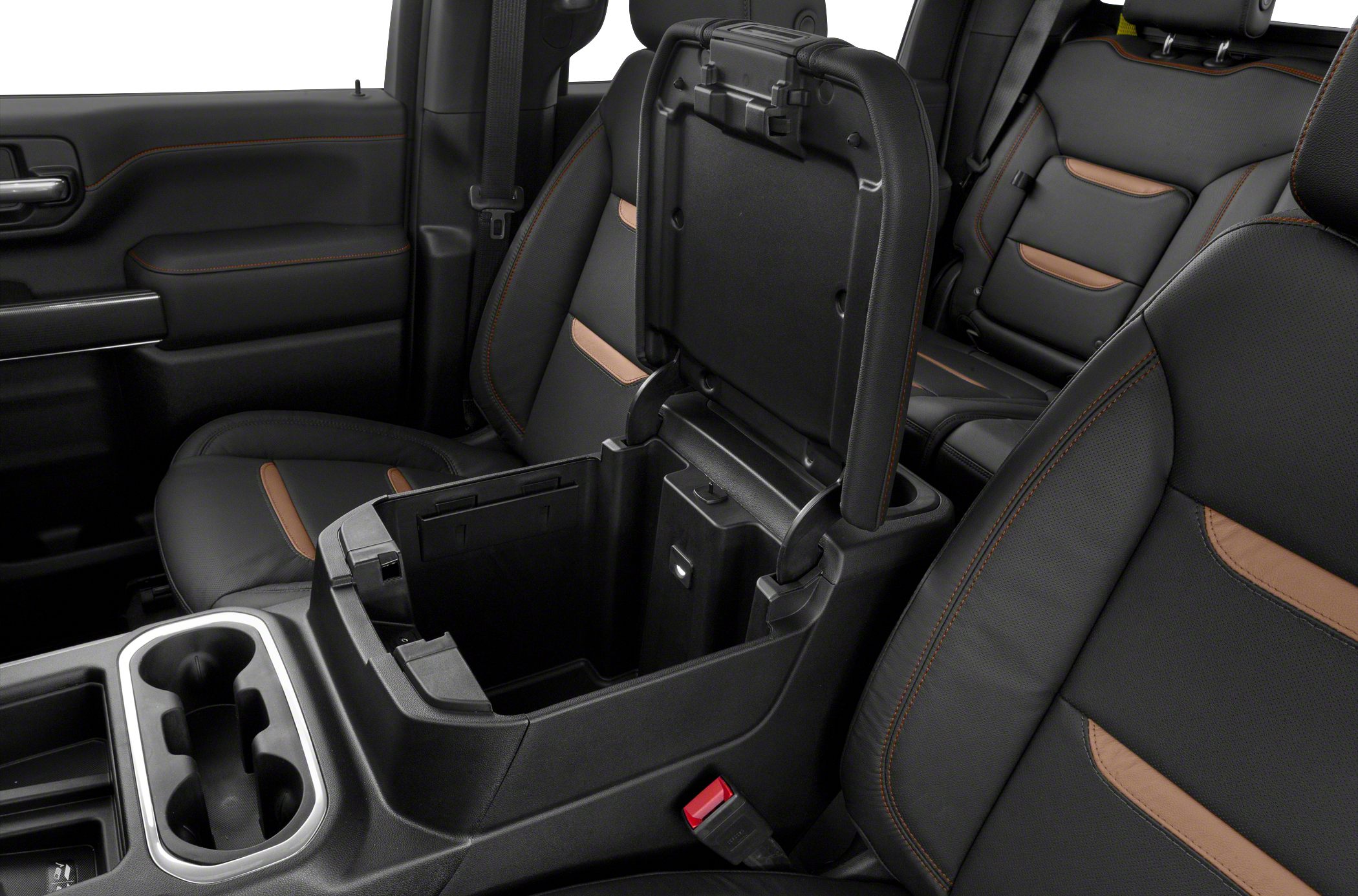 Leather seats with contrast stitching and open center storage console