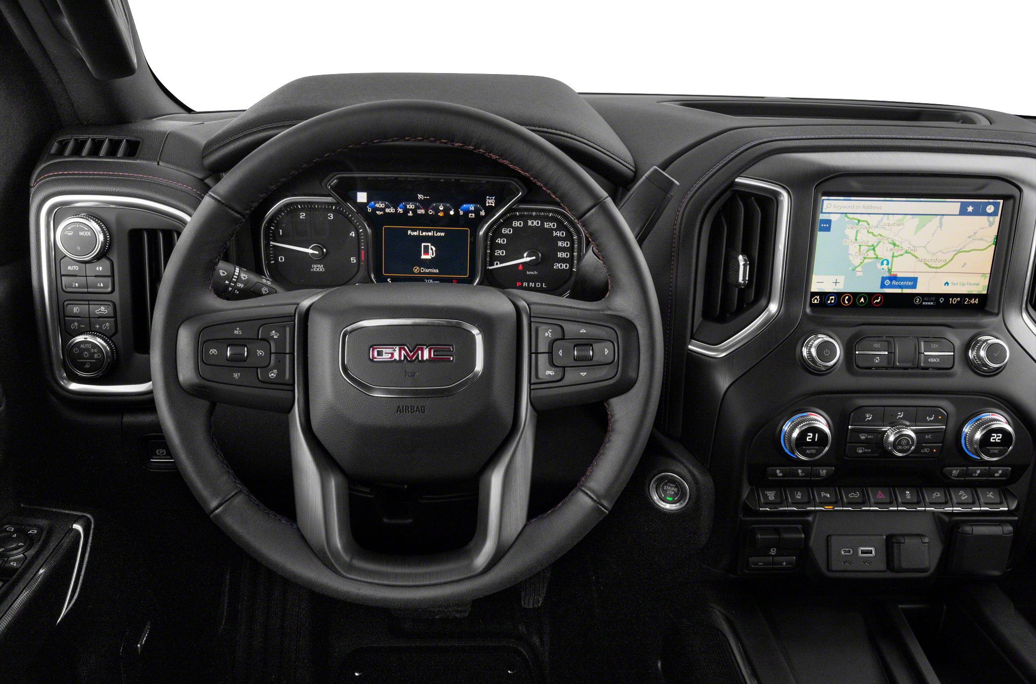 Steering wheel with control buttons and digital instrument cluster with central display