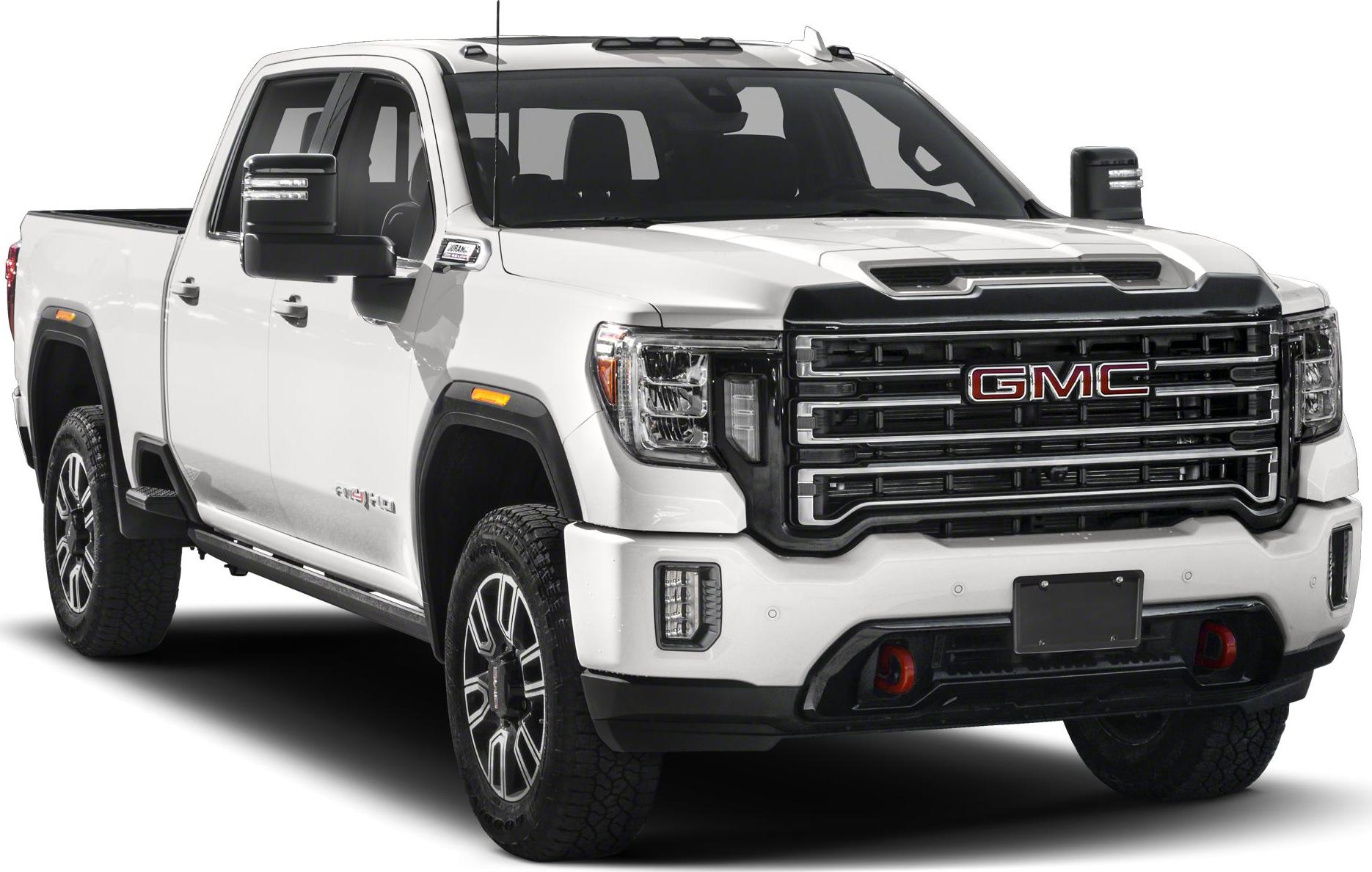 Heavy-duty pickup truck with bold grille and regular cab long bed.