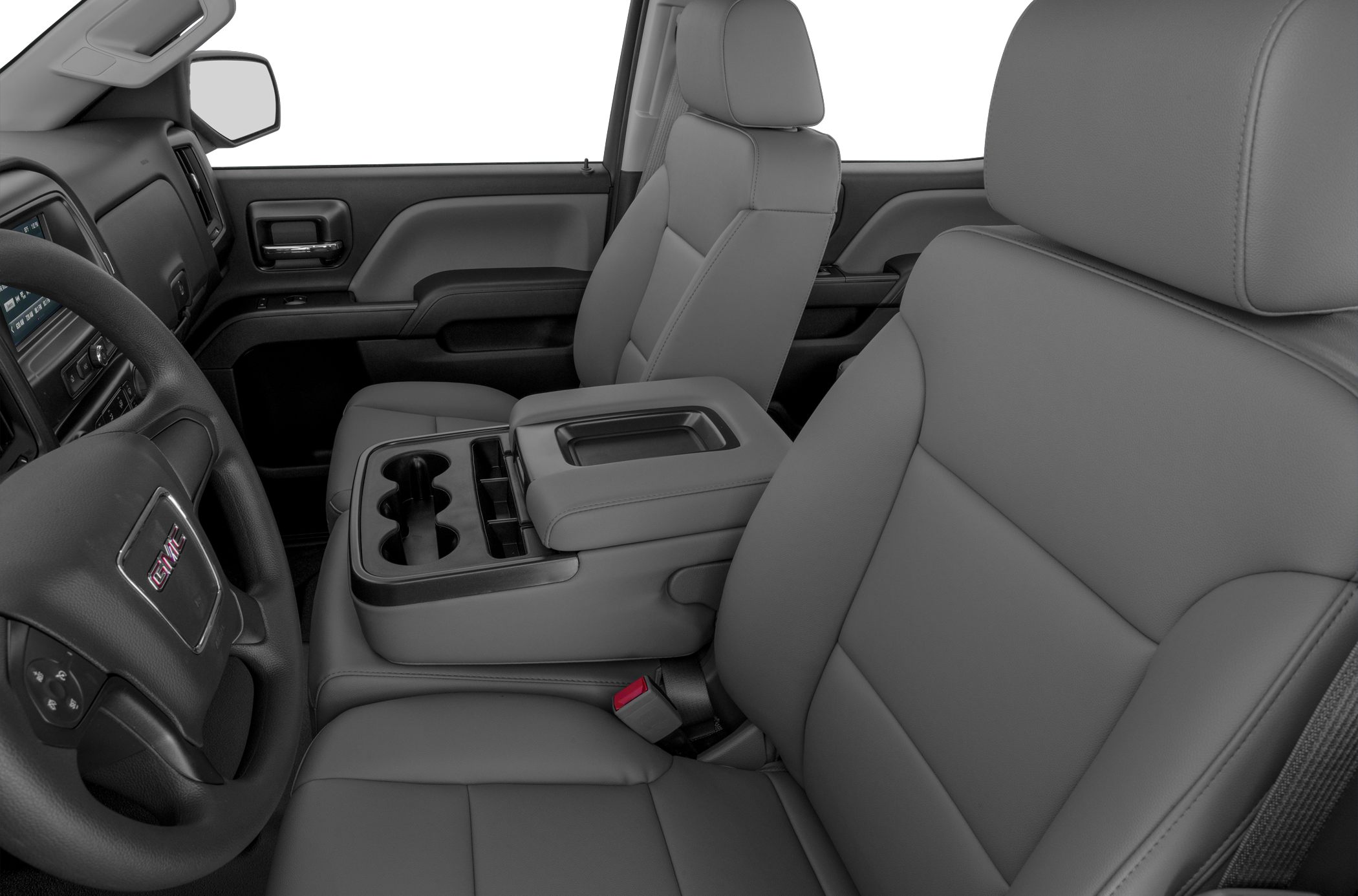 Premium front seats with a central cup holder console and steering wheel.