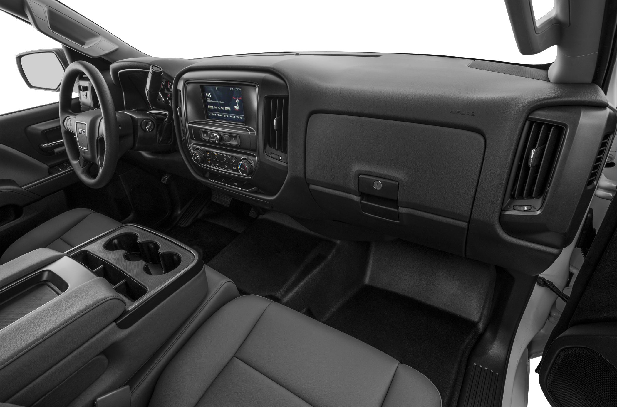 Modern double cab truck interior with touchscreen and controls