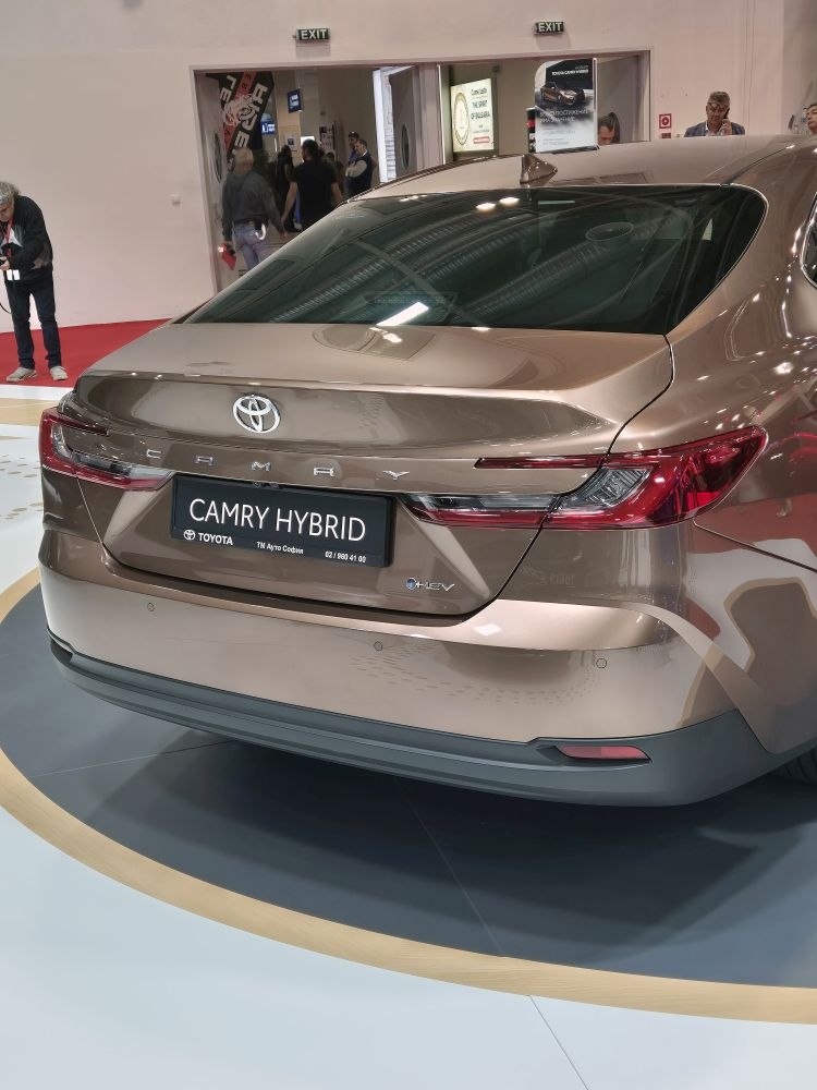 Rear view of a hybrid sedan with sleek tail lights and trunk design