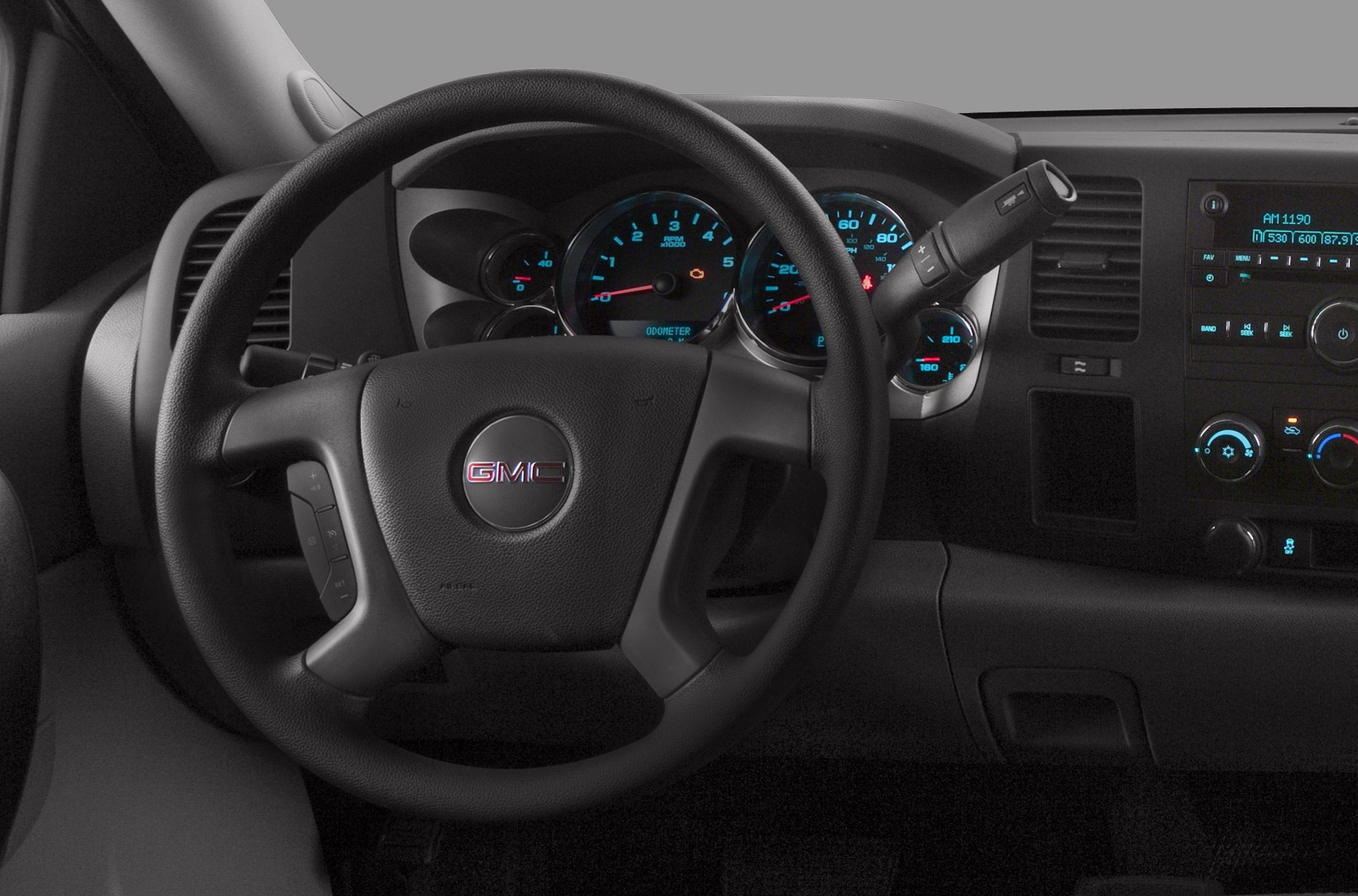 Truck interior dashboard with steering wheel and instrument cluster