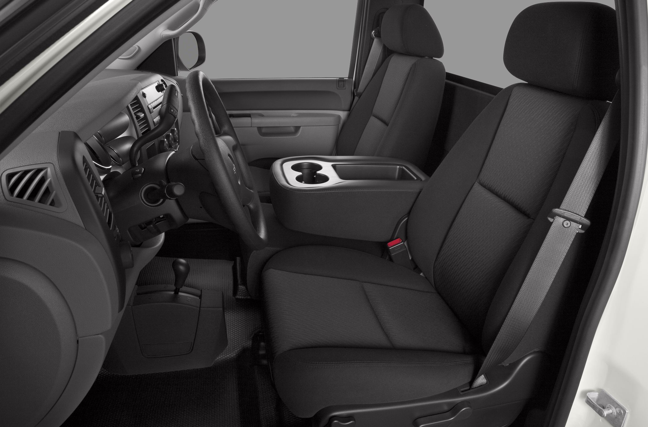 Front seats and center console of a truck interior