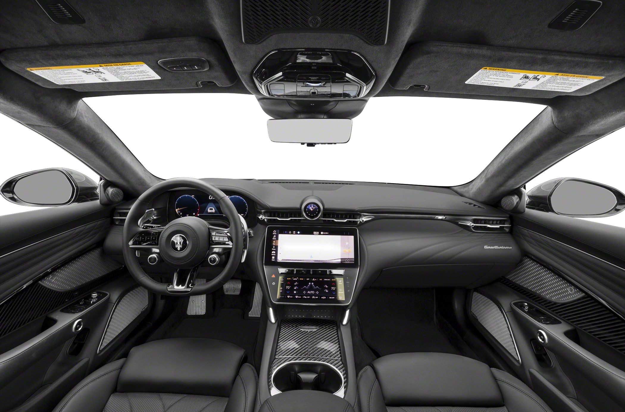 Luxurious black car interior with digital dashboard and touchscreen infotainment
