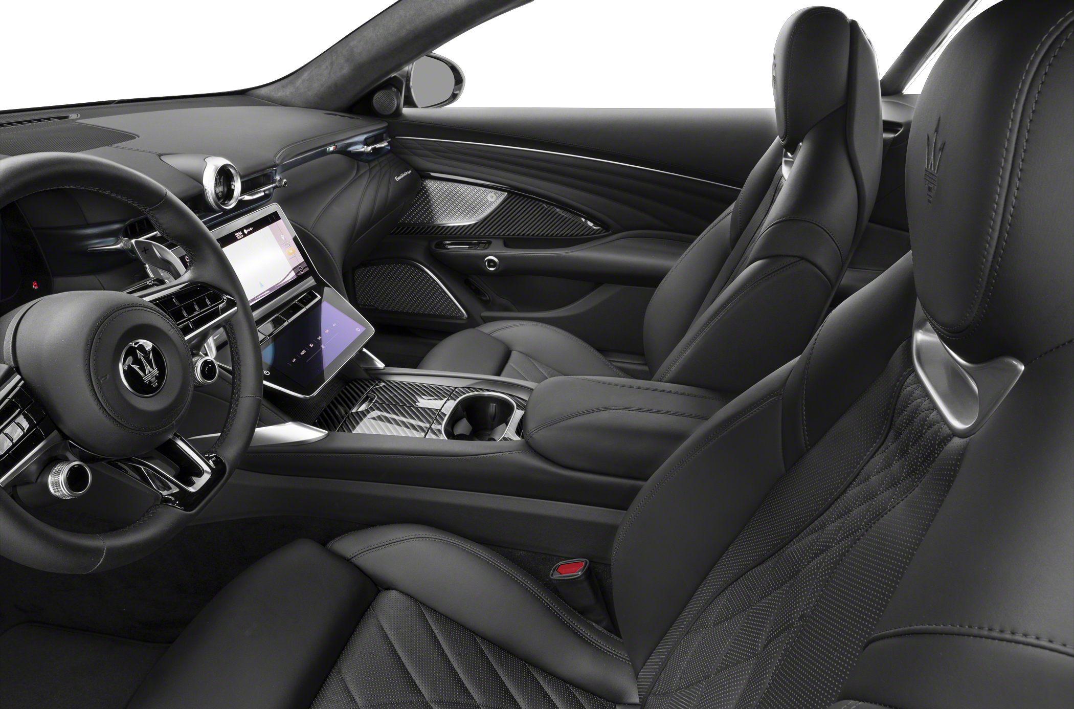 Luxury car interior with digital displays and premium leather sport seats