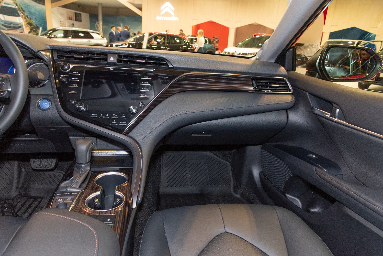 Modern car interior with digital dashboard and center console