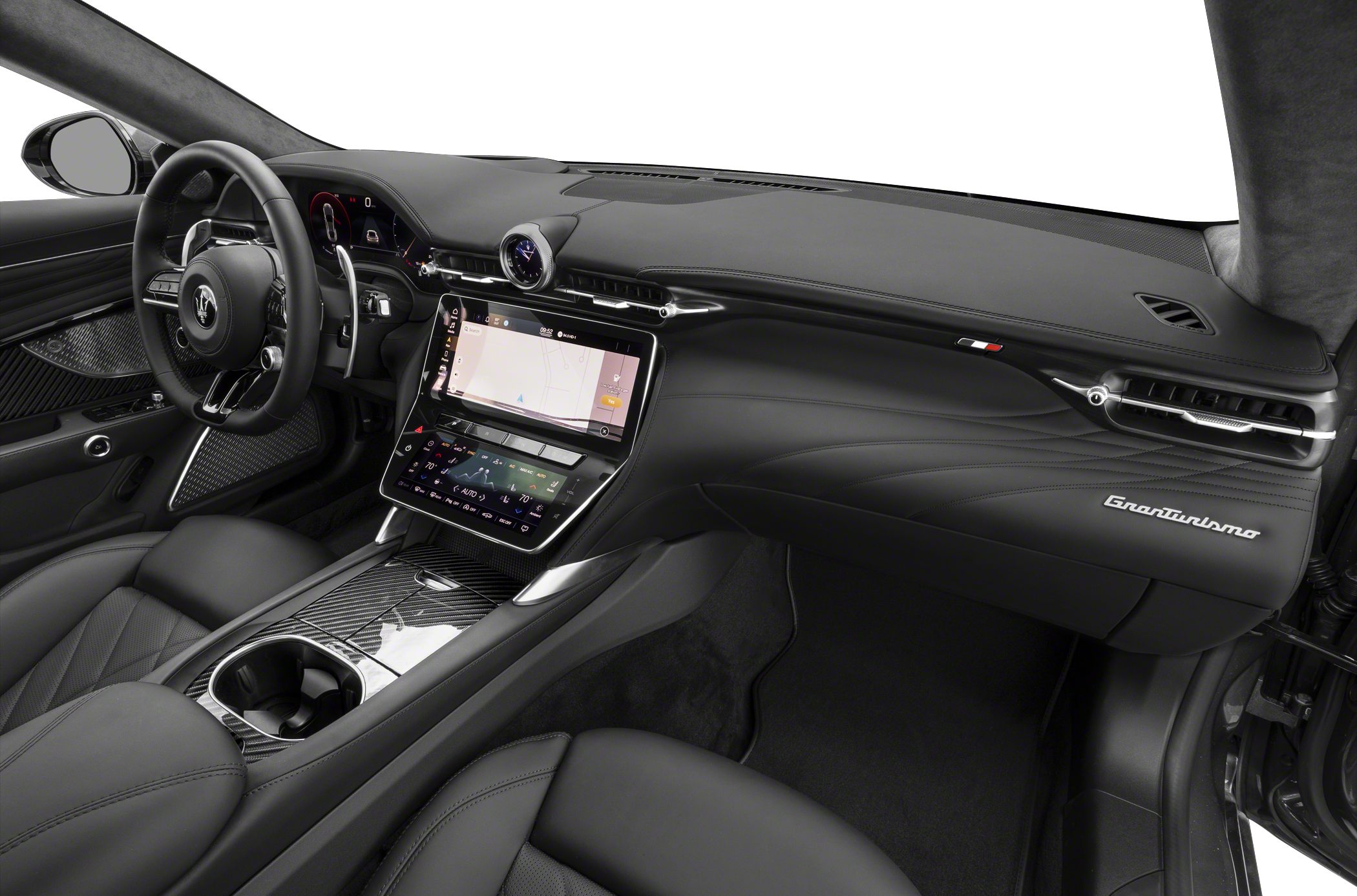 Luxury car interior with digital dashboard and carbon fiber trim