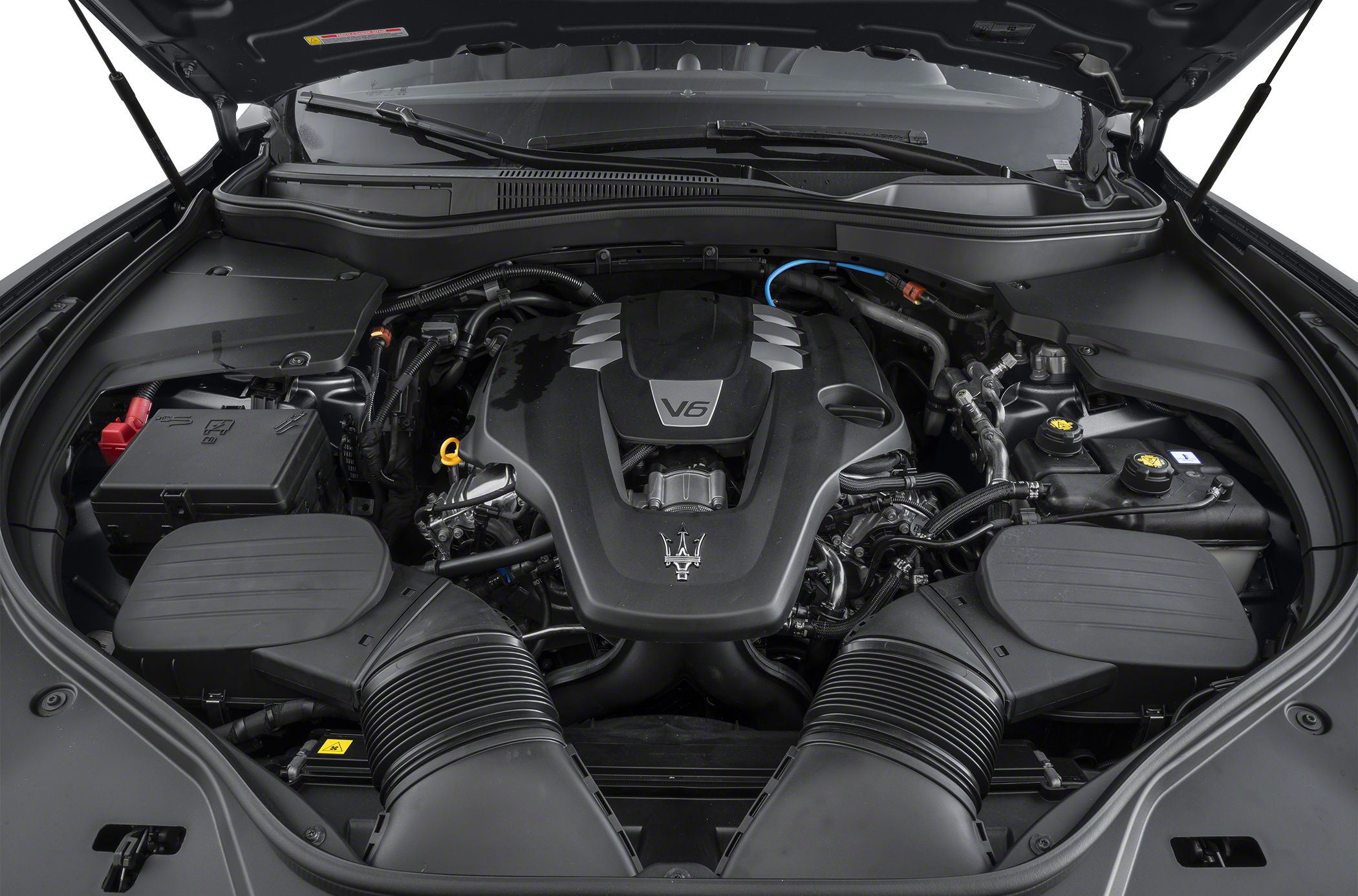 V6 engine with dual air intake system under hood